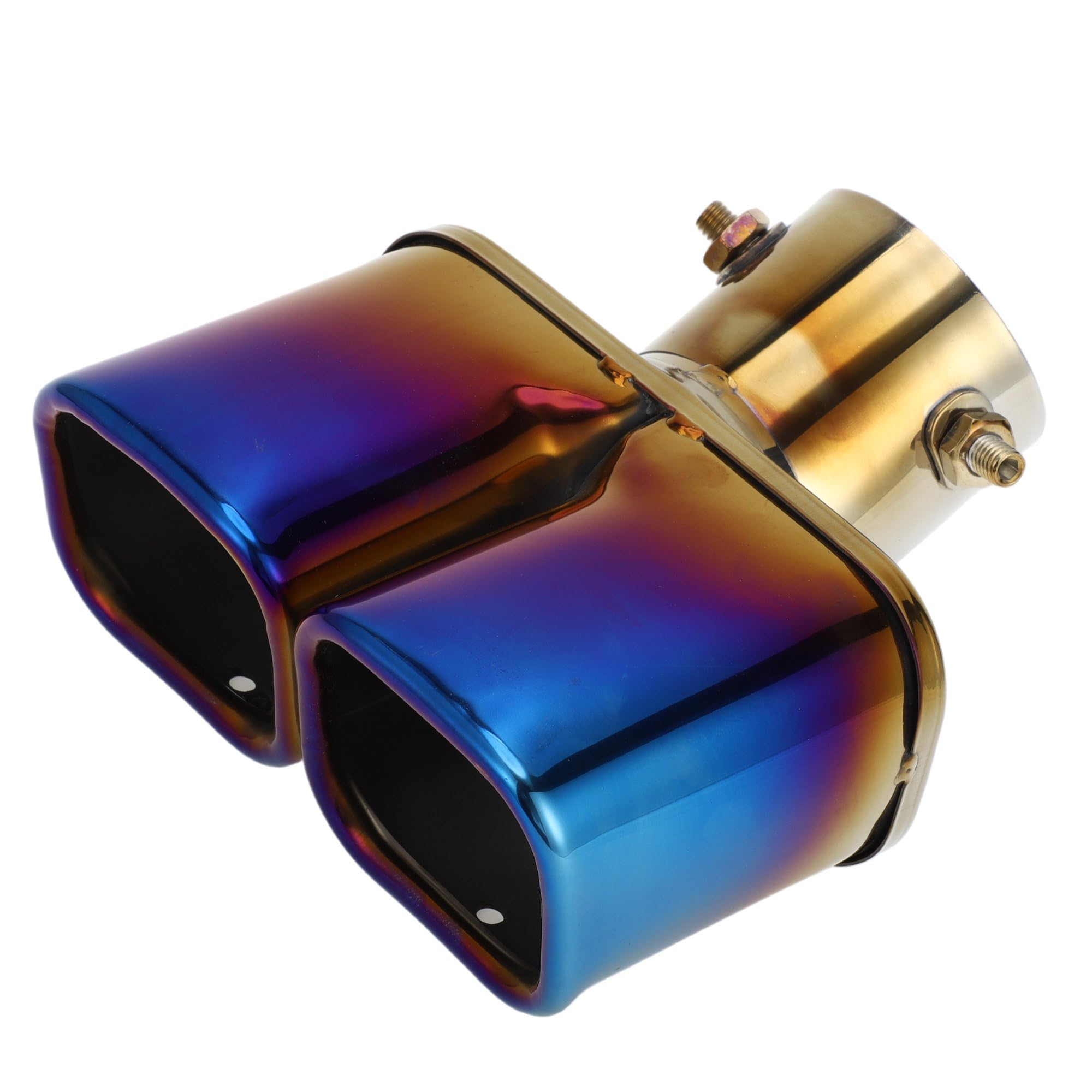 AutoBizarre Stainless Steel Burnt Blue Holographic Blue Square Shaped Dual Pipe Car Exhaust Tail Muffler Tip Car End Pipe Tail Exhaust Show Pipe Universal for All Cars (Square Dual Pipe Curved Bent)
