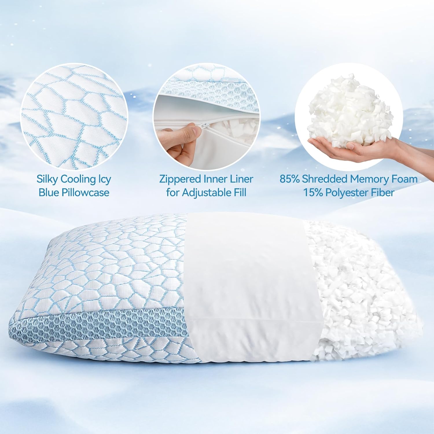 QUTOOL Double Sided Cooling Pillow for Hot Sleepers, Shredded Memory Foam Pillows Queen Size Set of 2, Adjustable Soft & Firm Gel Bed Pillow for Side, Back, Stomach Sleepers - Image 4