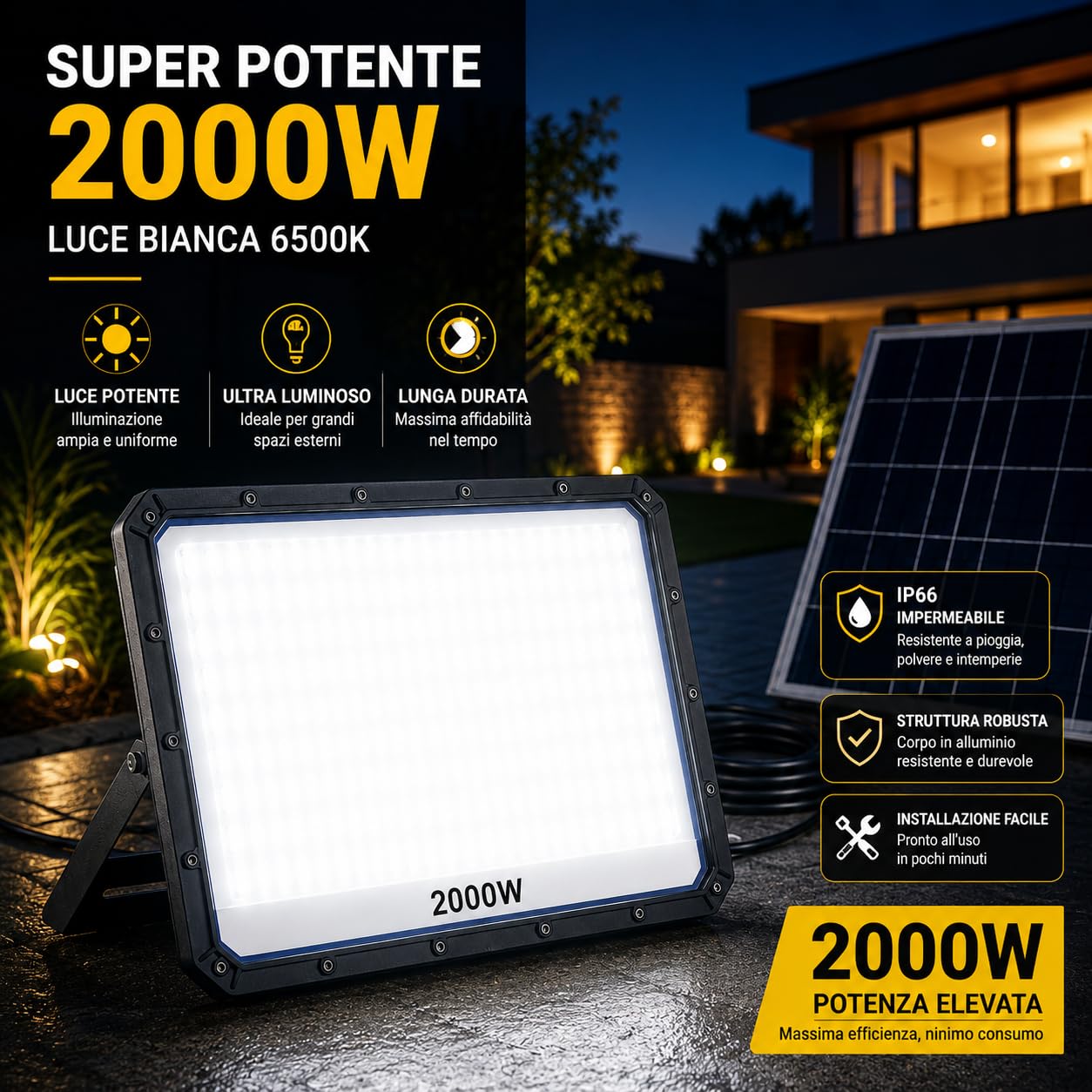 Faretto LED da Esterno Solare 2000W con Pannello Solare e Telecomando, Faro LED Esterno con Pannello Solare IP66, Luce Solare da Esterno per Giardino Cortile Sicurezza [Classe di efficienza energetica