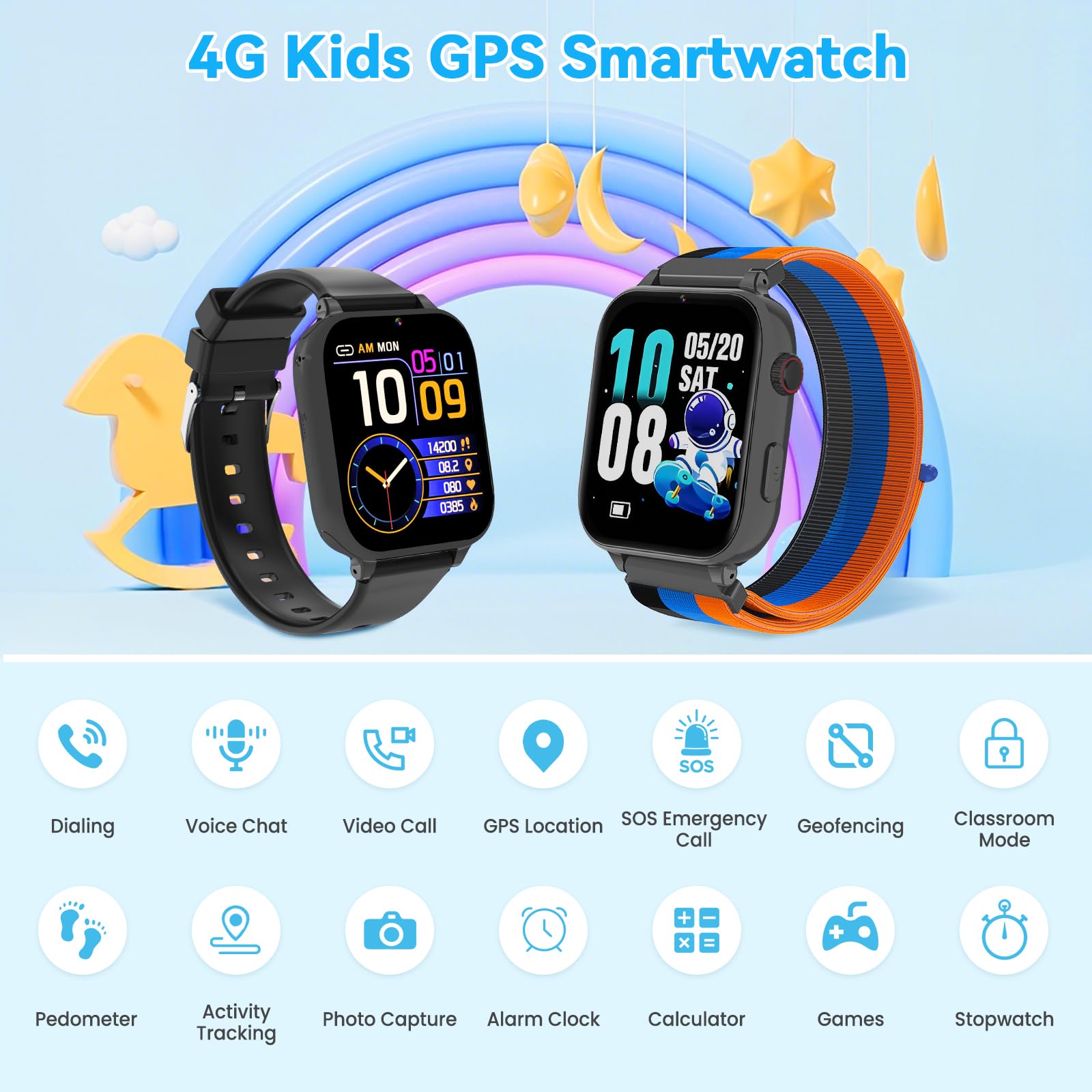 4G Smartwatch Bambini, Orologio Smartwatch Bambini con GPS SOS Videochiamata Chat Vocale Modalità Classe Fotocamera Calcolatrice Contapassi, Smart Watch Bambino Bambina 4-12 Anni Regalo, Nero