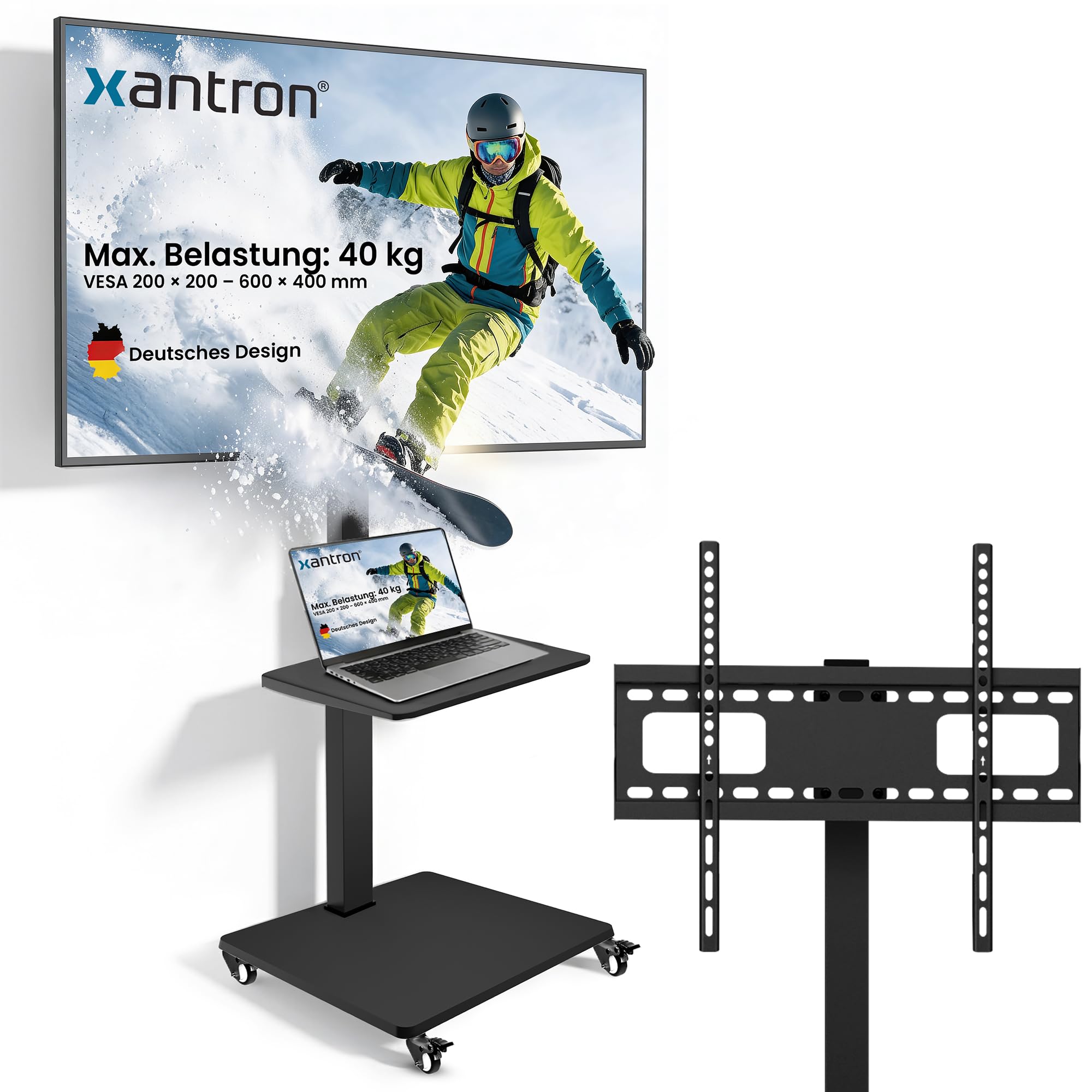 Xantron® TV Ständer Rollbar Höhenverstellbar für TVs bis 75 Zoll [mit Ablagefläche] Fernsehständer mit Rollen/Fernseher Bodenständer/Fernseher Halterung stehend/TV Rollwagen