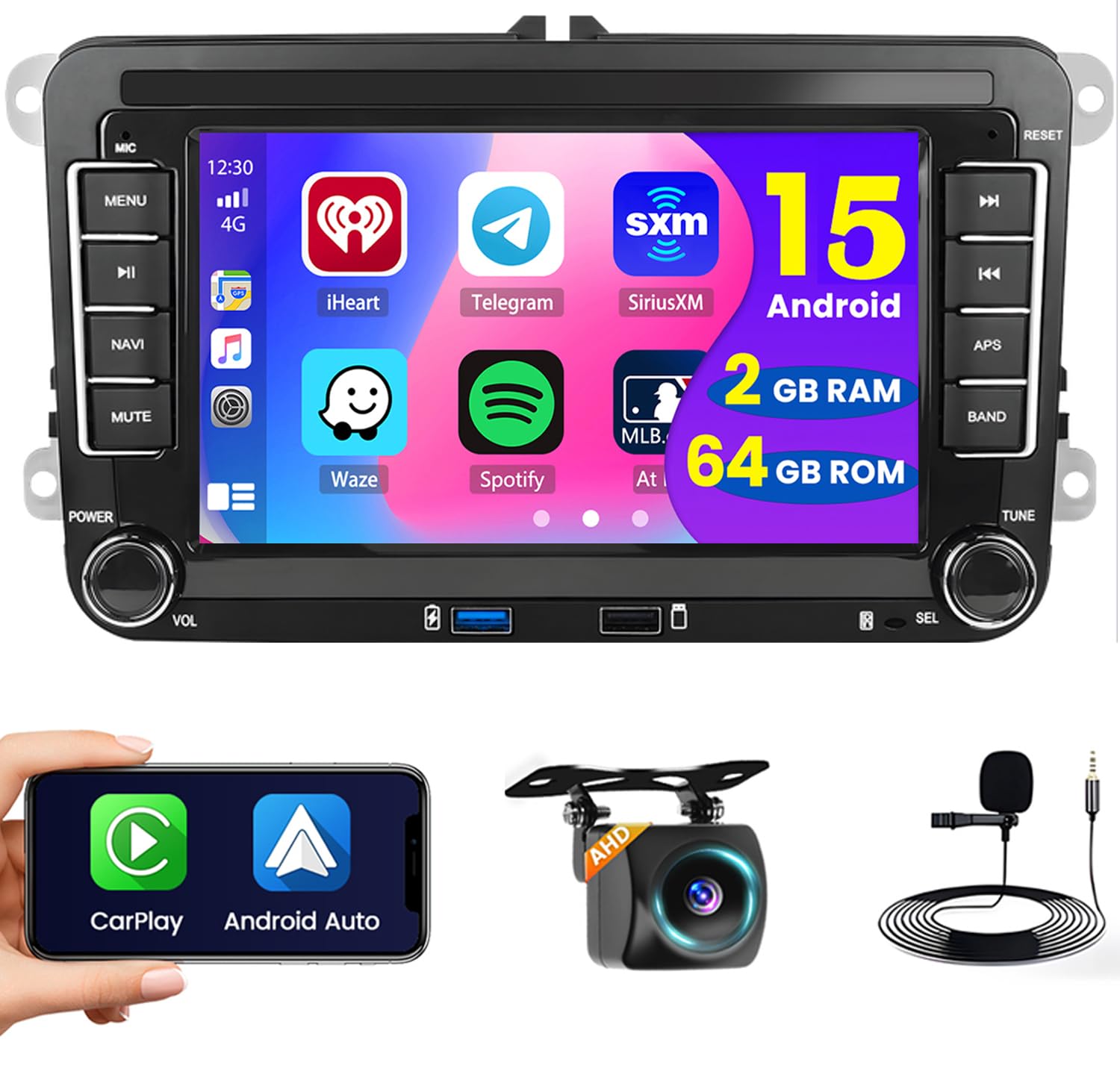 2+64G 7" Autoradio pour VW T5 Golf 5 6 Polo Sharan Seat Passat Tiguän | IPS Écran Tactile Wireless Carplay Autoradio 2 DIN GPS Navi Bluetooth WiFi FM/RDS Caméra de Recul DSP 2+64G