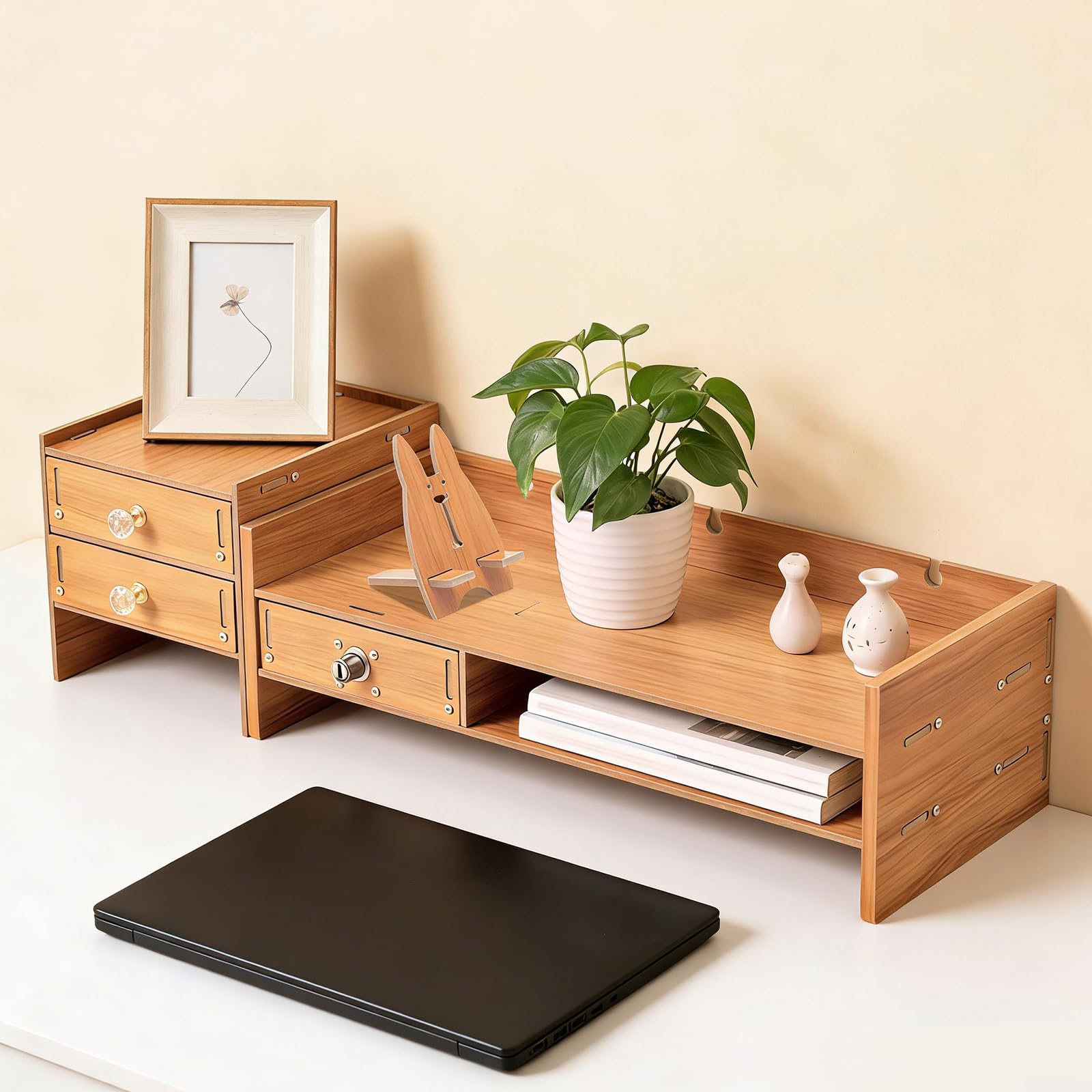 Supporto per monitor in legno, rialzo dello schermo, supporto da scrivania con 3 cassetti e supporto per cellulare per laptop, computer, notebook, PC, lunghezza 65,5 x larghezza 20 x altezza 16,5 cm