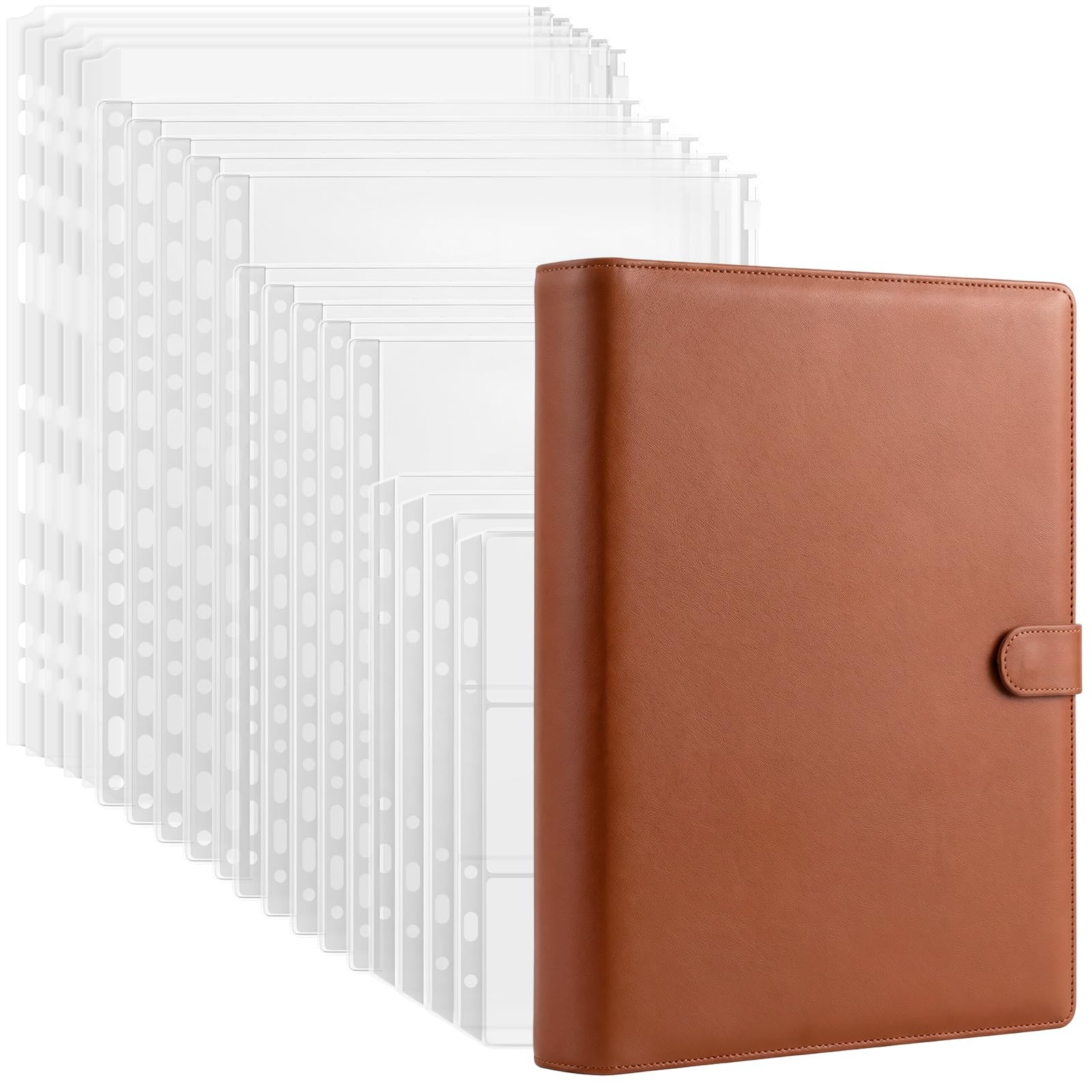 A4 Ring Binder Display Folders, 4 Ring Binder Presentation Folders Storage Book, Leather Folder Waterproof Pockets Organizer with 19PCS Mix Zipper Binder Pouch Folders for Important Documents&Cash-Br