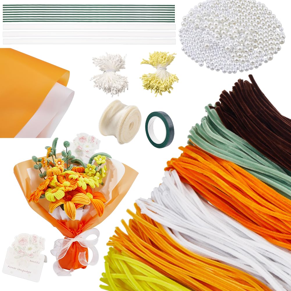 OLYCRAFT 600 pezzi - Kit per la creazione di fiori in detergente per pipe arancioni, 6 colori con fili floreali, nastro da giardinaggio, carta per abbellimento floreale e stamens per bouquet
