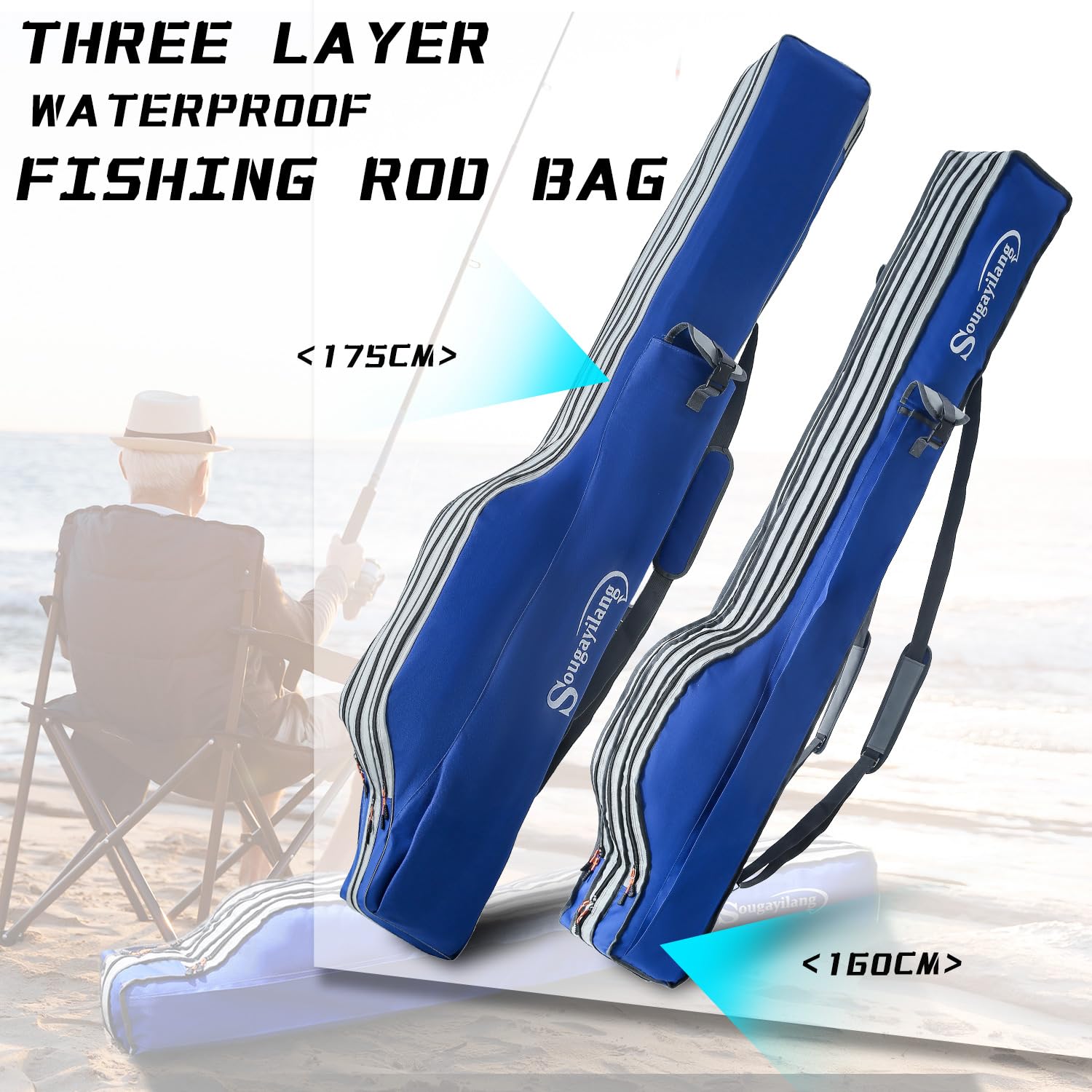 Sougayilang Bolsa de Caña de Pesca Portátil de 3 Capas, Bolsa de Transporte para Aparejos al Aire Libre