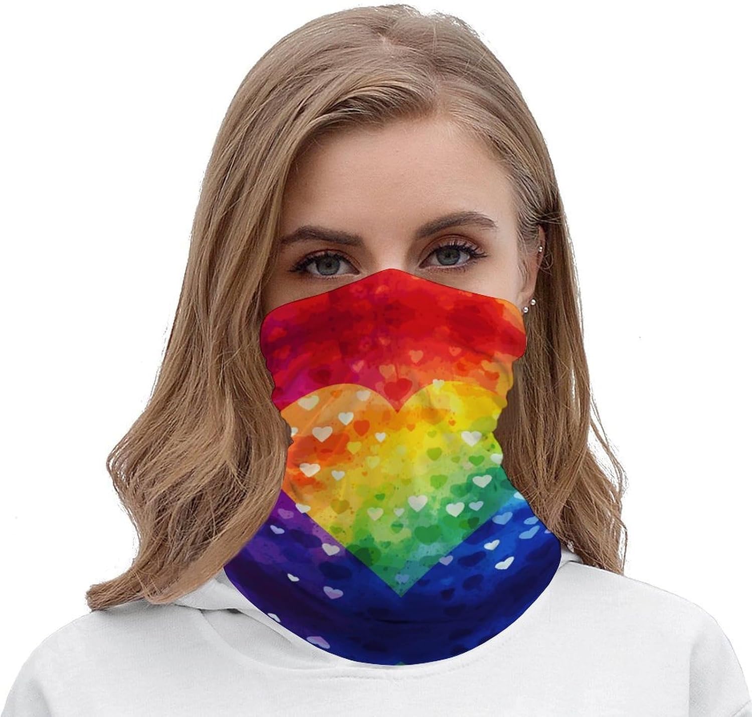Colorful Rainbow Love Heart Neck Gaiter UV Protection Polyester Face Gaiter Breathable Quick Dry Head Wrap Multifunctional Stretchy Seamless Bandana for Outdoor Cycling Hiking Skiing Running