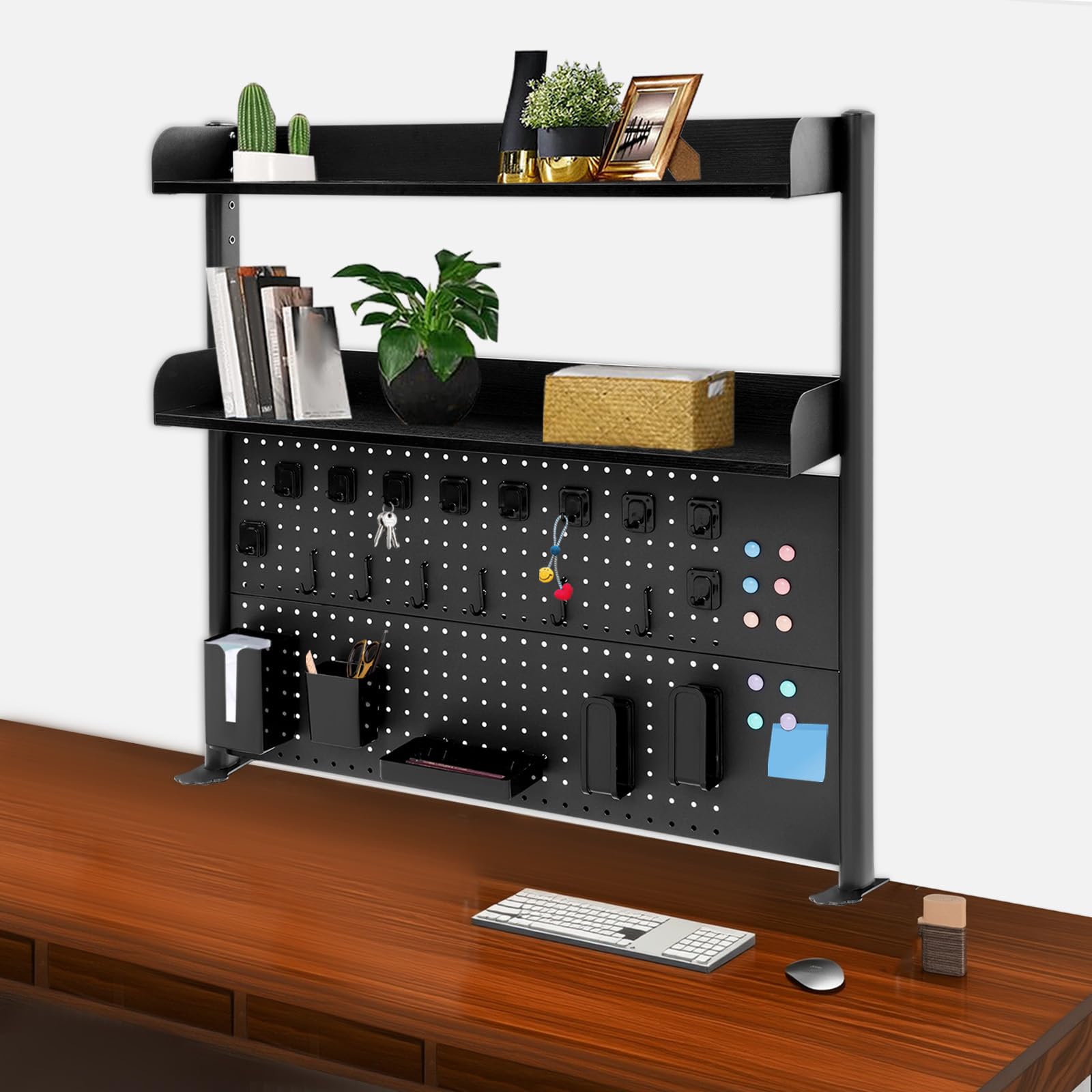 Estante de Escritorio 3 Niveles con Barreras Anticaídas, Organizador de Mesa para Libros y Papelería con Abrazadera Ajustable, Soporte para Oficina y Estudio, Negro