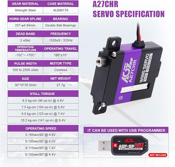 AGFRC 10.2KG Coreless Micro RC Wing Servo for RC Glider (A27CHR) | 0.10Sec High Speed, Digital, HV, Programmable, CNC Aluminum Case, Full Metal Gears, For RC Glider Planes