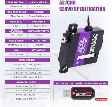 AGFRC 10.2KG Coreless Micro RC Wing Servo for RC Glider (A27CHR) | 0.10Sec High Speed, Digital, HV, Programmable, CNC Aluminum Case, Full Metal Gears, For RC Glider Planes