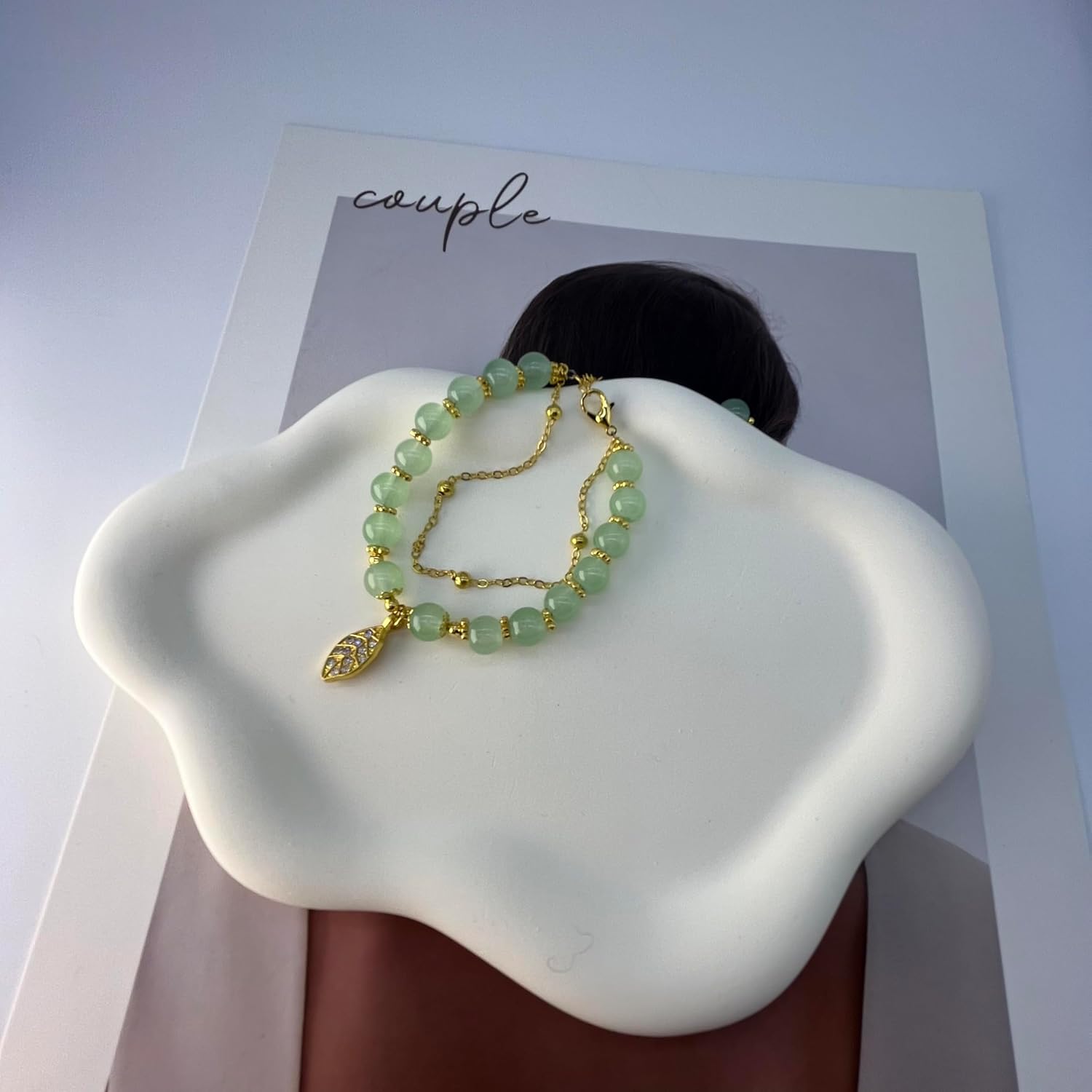 Hetian Jade Bracelet for Women Double Layer Green Beaded Monstera Palm Leaf Bracelet Adjustable Classic Bracelet with Zircon Leaf Charm Ladies Jewelry - Image 4