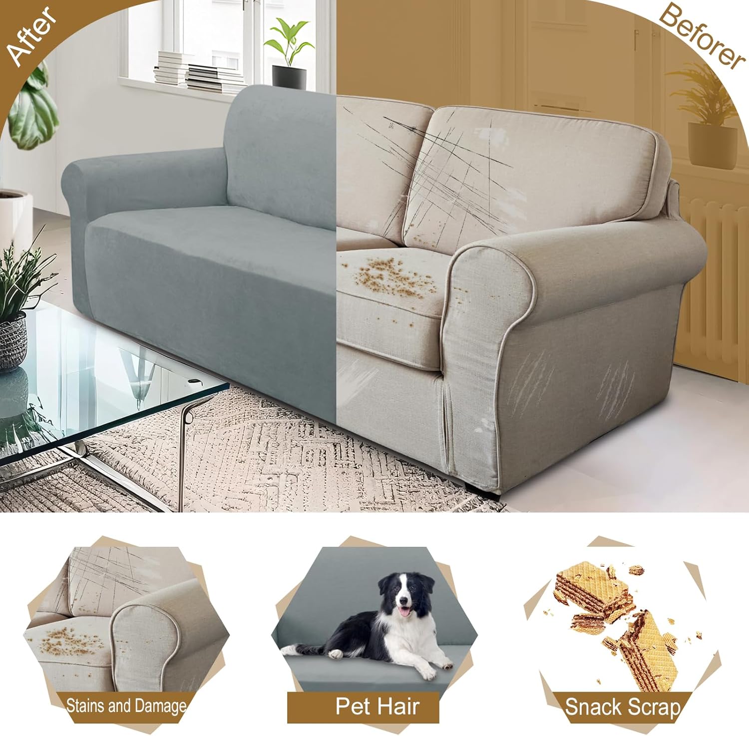 U-NICE HOME Velvet Sofa Covers Stretch Couch Covers for 3 Cushion Couch Furniture Protector Sofa Slipcover (XL Large, Light Grey)