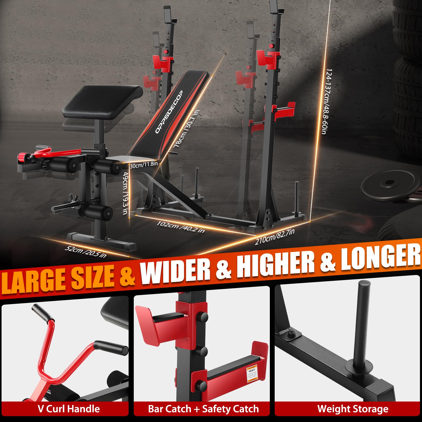 Professional Weight Bench Set with Barbell/Squat Rack, 900LBS Heavy Duty Bench Press Set with Leg Curl/Extension and Preacher Curl, Adjustable Full-Body Workout Bench for Home Gym Fitness