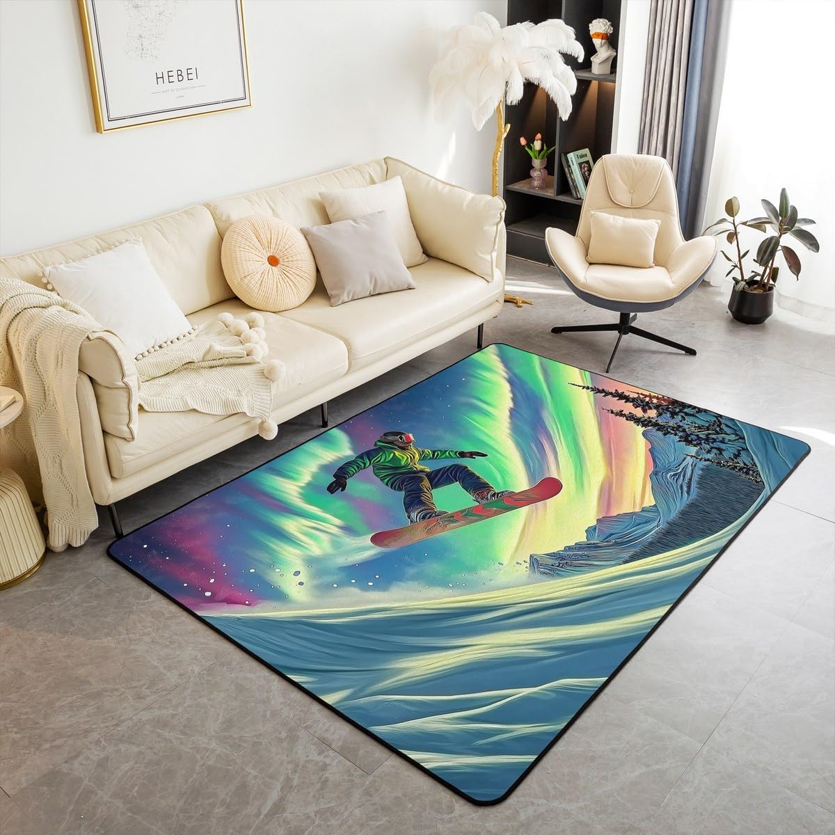 Erosebridal Aurora Train Area Rug 6'6" x 4'11", Steam Train Carpet for Kids Girls Boys, Xmas Gifts Santa Claus Machine Wash Dry Indoor Floor Mat for Living Room, Winter Scene Lights Decorative Rug