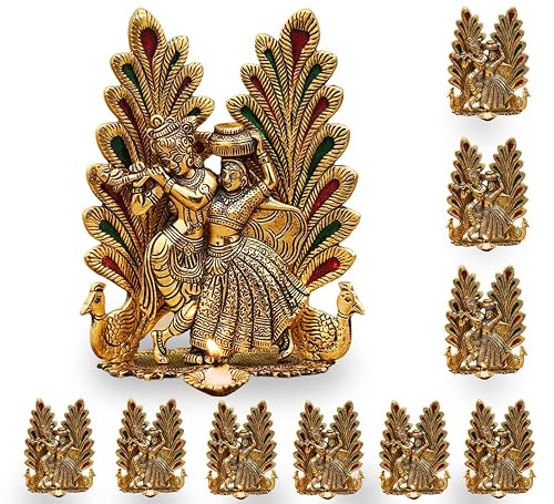 Collectible India Peacock Design Radha Krishna Idol Showpiece with Diya for Puja and Home Decor (7 x 5 Inches), Metal, Gold (25 Piece)