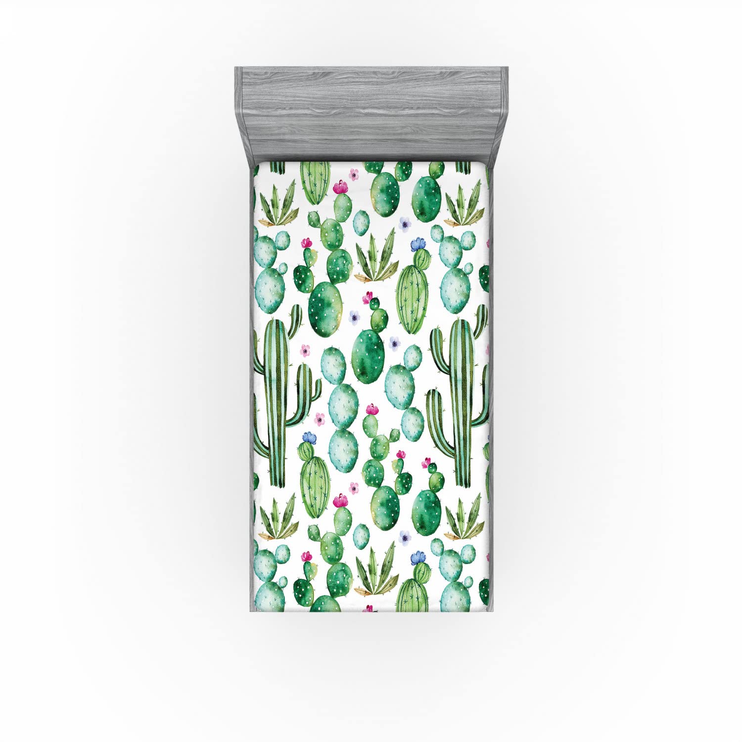 Ambesonne Cartoon 2 Pack Fitted Sheet, Mexican Cactus Plants, Bed Cover All-Round Elastic Deep Pockets 2 Pieces, Package Contains 2 Twin XL Size Fitted Sheets, Lime Green Pale Pink