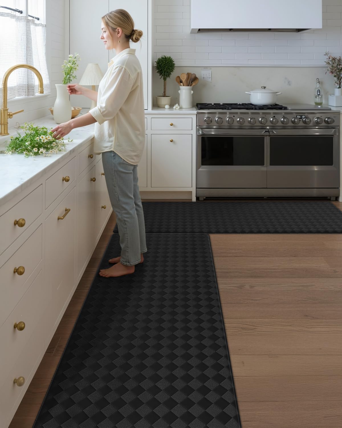 Color&Geometry Extra Wide Kitchen Mats Set 24x59+24x87, Anti Fatigue Cushioned Floor Mat, Waterproof Easy Clean Non Slip Runner for Sink Comfort Standing, Black​