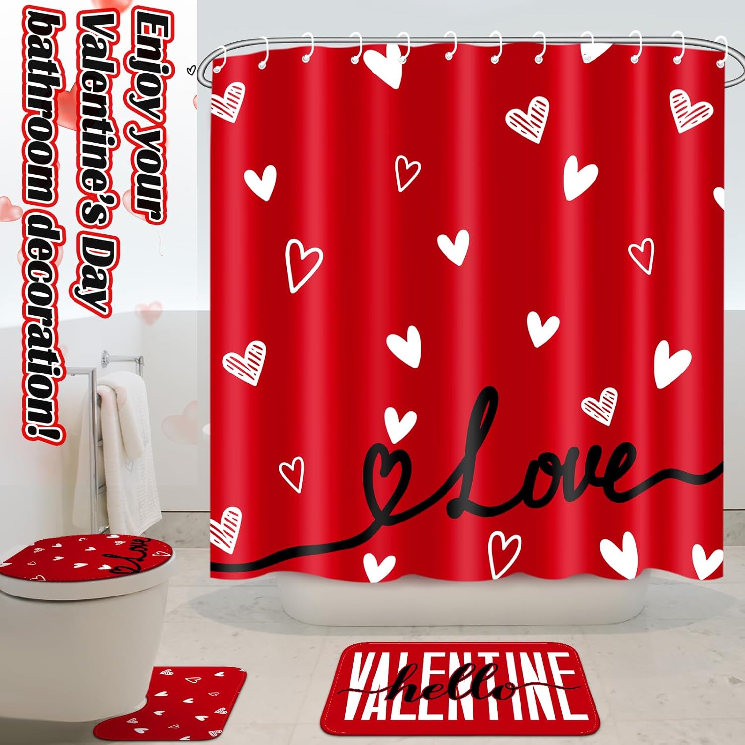 4 Pcs Valentine's Day Shower Curtain Set, Non Slip Rugs Toilet Lid Cover U Shape Bath Mat and 12 Hooks Love Heart Shape Red Bathroom Supplies for Valentines Accessories Decor Set