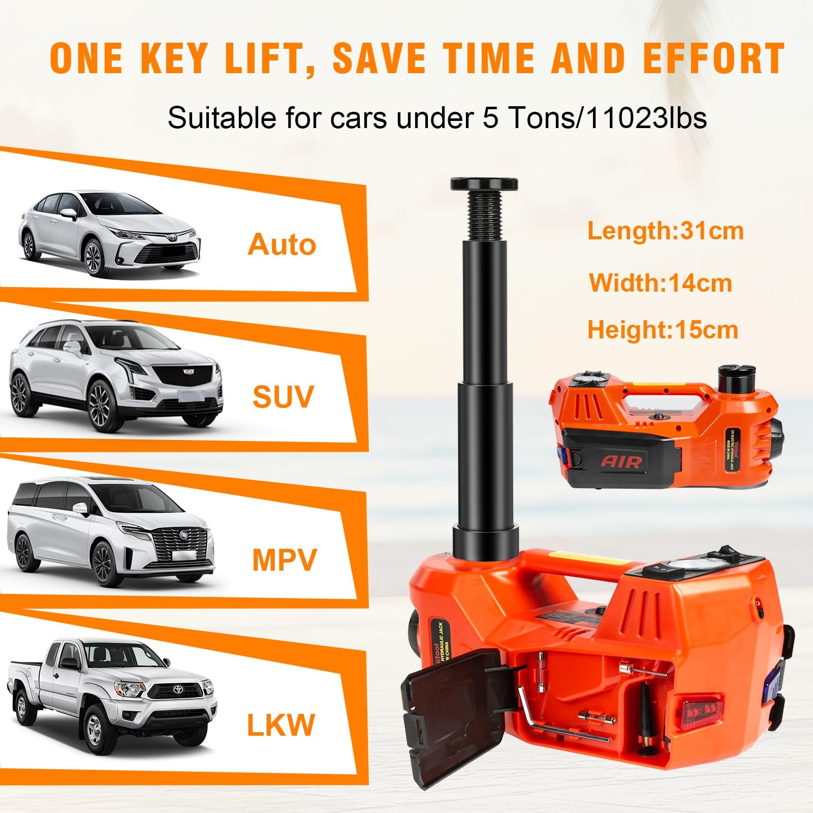 Gato hidráulico 4 en 1 para coche con rango de elevación de 5 t 150-450 mm, 12 V, kit de gato eléctrico con caja de herramientas, bomba de neumáticos y LED, para todos los coches SUV