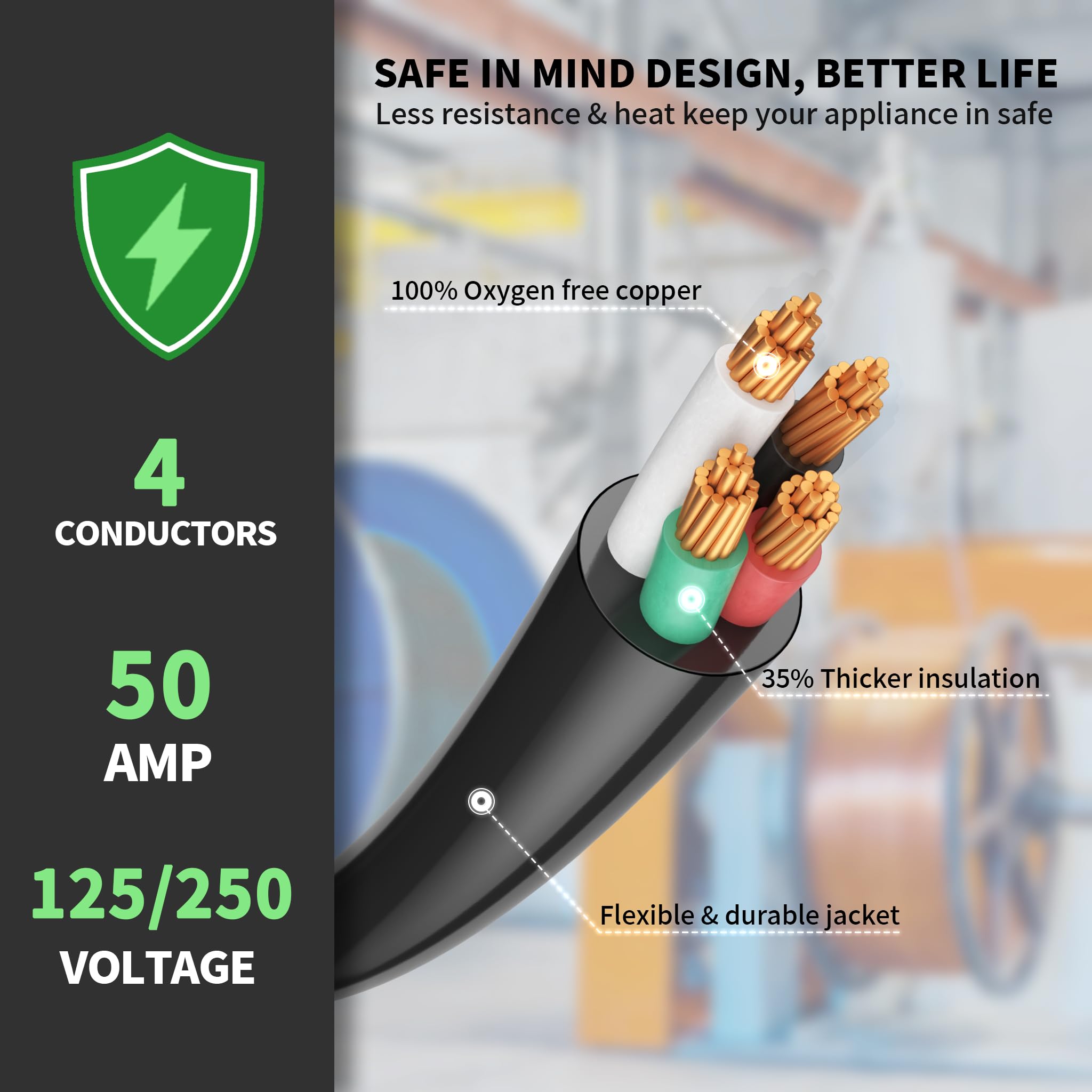 POWGRN Cable de extensión RV/EV de 50 amperios de 15 pies para exteriores con mango de agarre, cable de alimentación flexible resistente calibre 6/3+8/1 STW de 4 puntas RV impermeable, NEMA 14-50P a