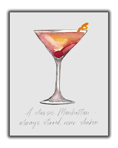 Manhattan Cocktail Bar Wall Art. 8x10 UNFRAMED Decor Print - Makes a Great Gift for Kitchen, Home & Wet Bar, Martini, Wine or Tiki Bar. A Classic