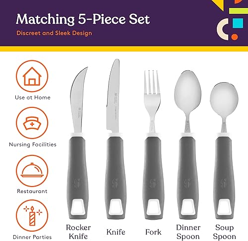 Miniatura 3 de Special Supplies Adaptive Utensils - Juego de 5 piezas sin peso, asas antideslizantes para temblores de manos, artritis, Parkinson o uso anciano,