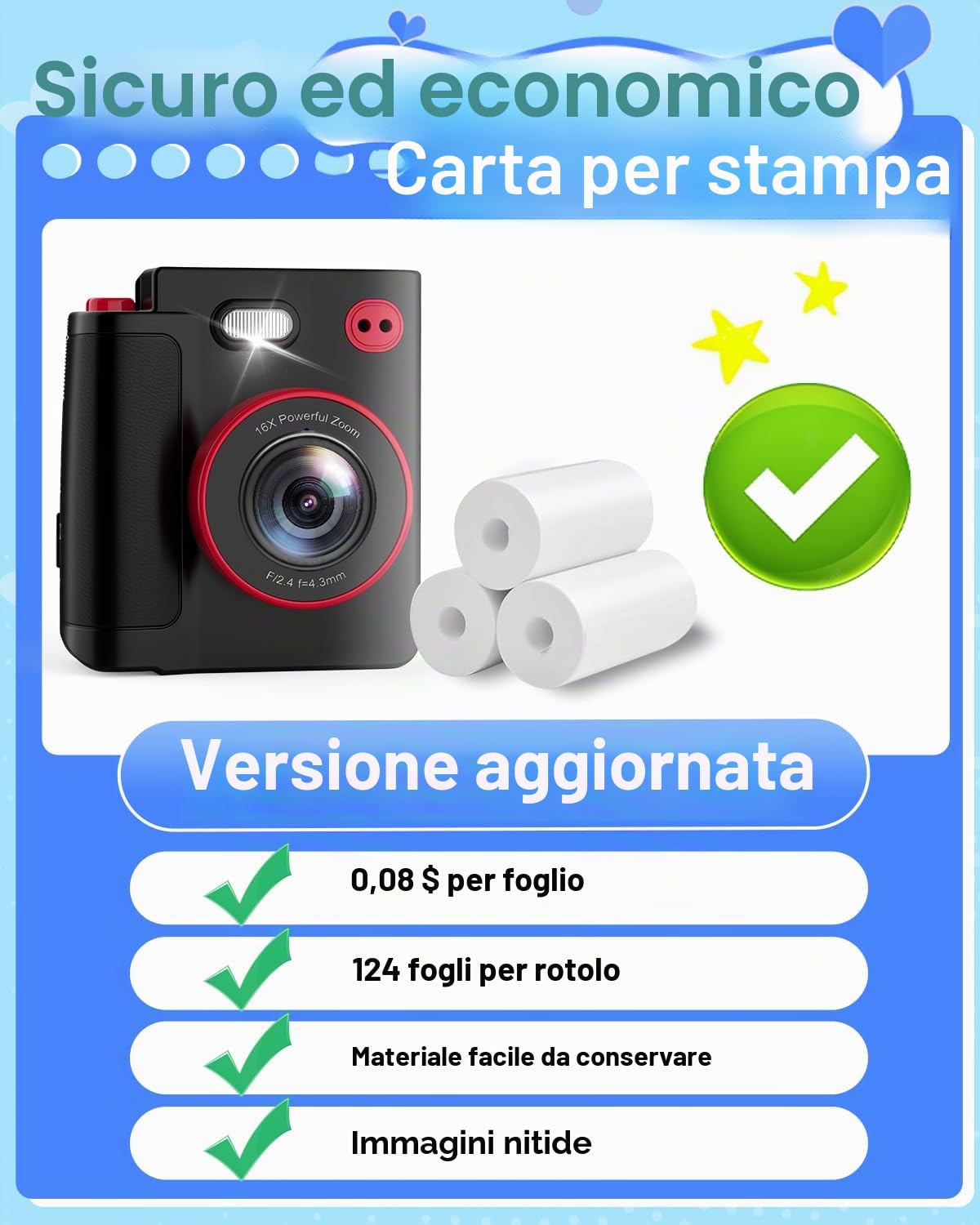 Macchina Fotografica Bambini Istantanea, 1080P HD Fotocamera Istantanea per Bambini con 32GB Scheda & Carta Fotografica, Giocattolo Regalo di Natale Compleanno Bambino e Bambina 3-12 Anni
