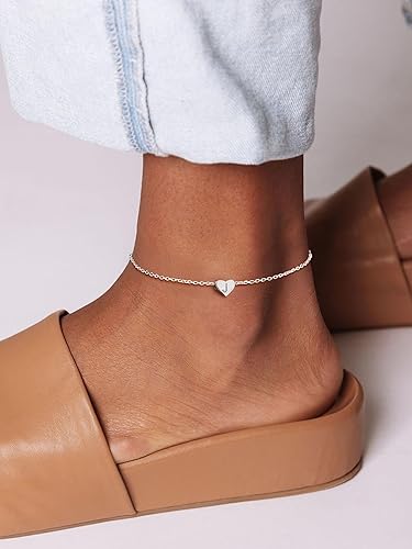 Miniatura 2 de ChicSilver Tobilleras de plata de ley 925 con iniciales para mujer, delicada pulsera de tobillo de corazón de playa, joyería de pie ajustable (con