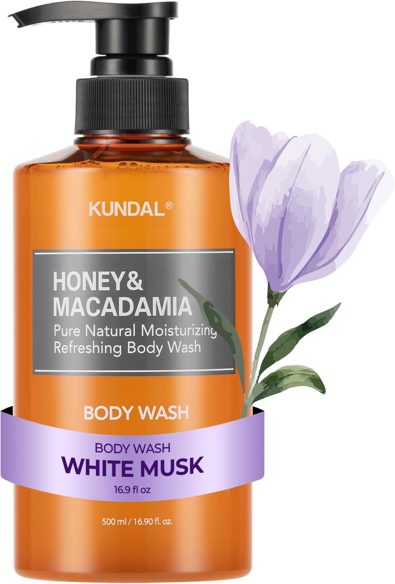 KUNDAL Nature Honey & Macadamia Natural Moisturizing Body Wash Deep Nourishment, Natural Extracts Blend, 10,000 ppm Honey, Safe for All Ages, Soft & Smooth Skin 16.9 fl oz (Pack of 1) (White Musk)
