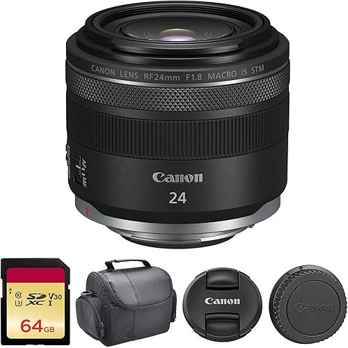 Canon RF 24mm f/1.8 Macro is STM Lens | Wide-Angle Prime with 1:2 Macro Capability, Optical Image Stabilization & Smooth STM AF | for Travel & Creative Photography (5668C002) + 64GB Card + Bag