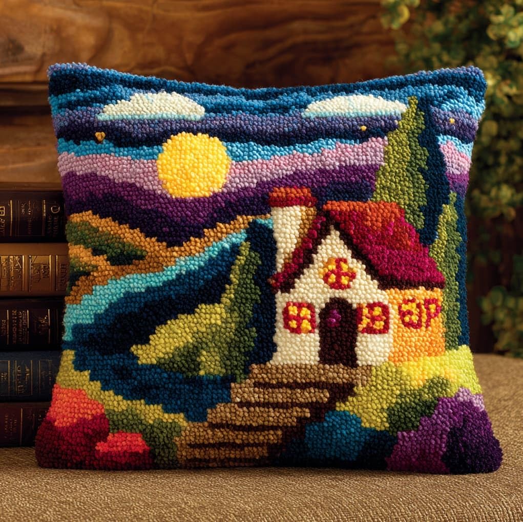 Wallustrioaw Cartoon Village Latch Hook Cushion Cover Kit,