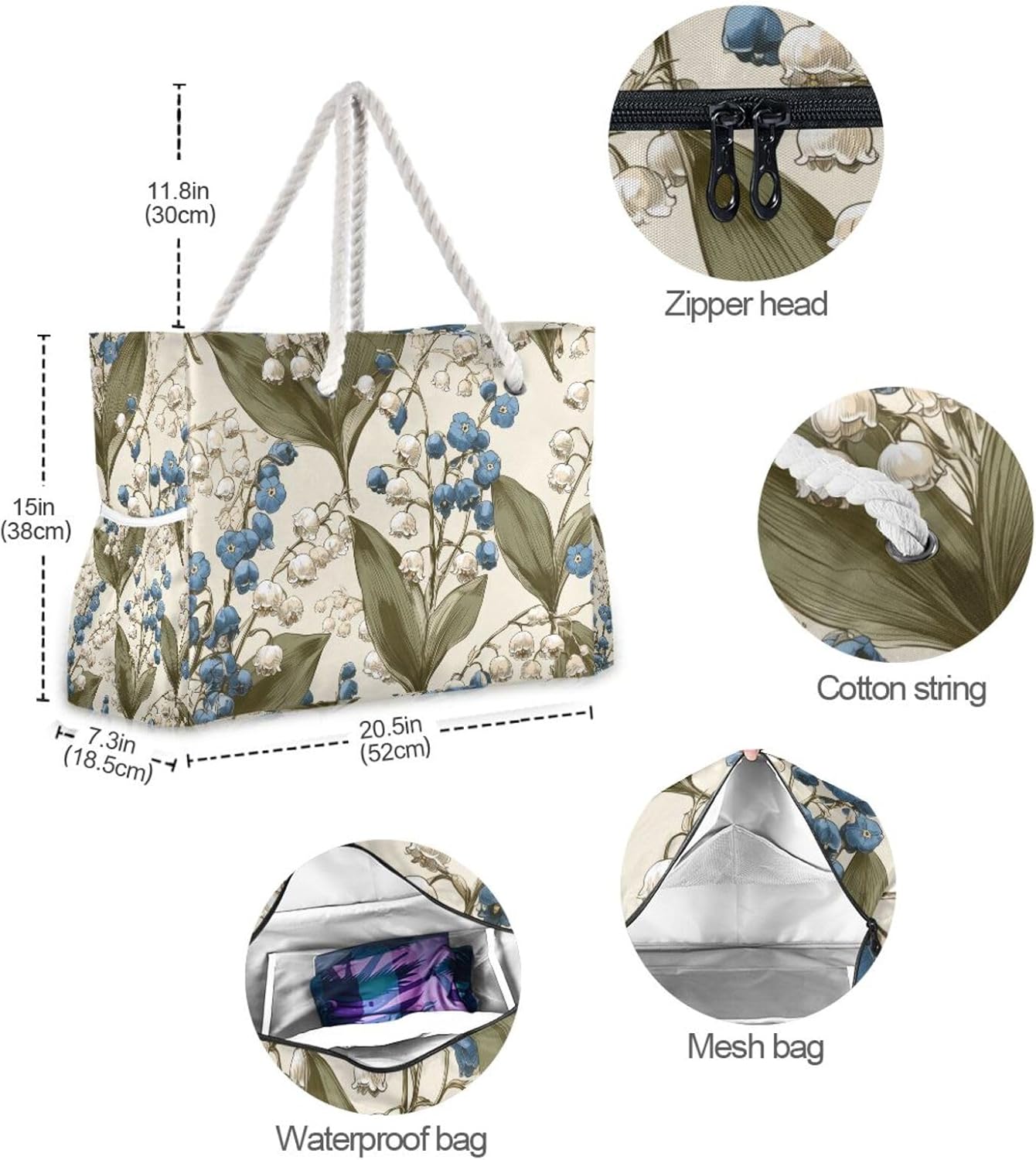 OTVEE White Lily-of-the-valley Flower Beach Bags for Women Ladies Large Canvas Tote Shoulder Bag Waterproof Travel Bags for Gym Swim Pool Camping