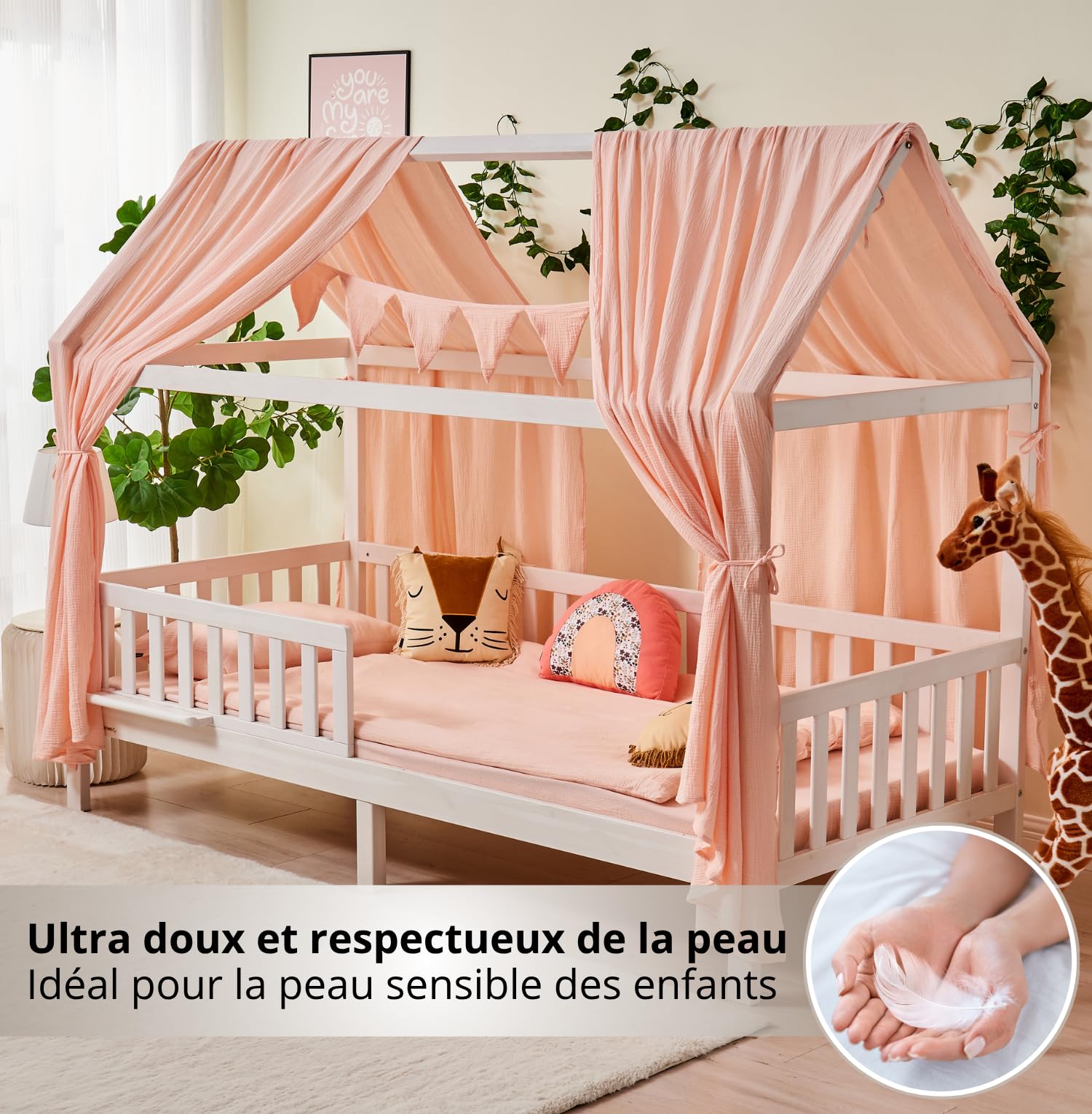 ALAVYA HOME® Ensemble de décoration pour lit Maison en 3 pièces avec 2 ciels de lit | 1 Guirlande de fanions de 300 cm de Long pour lit d'enfant | 100% Coton Muslin Biologique | Rose Clair