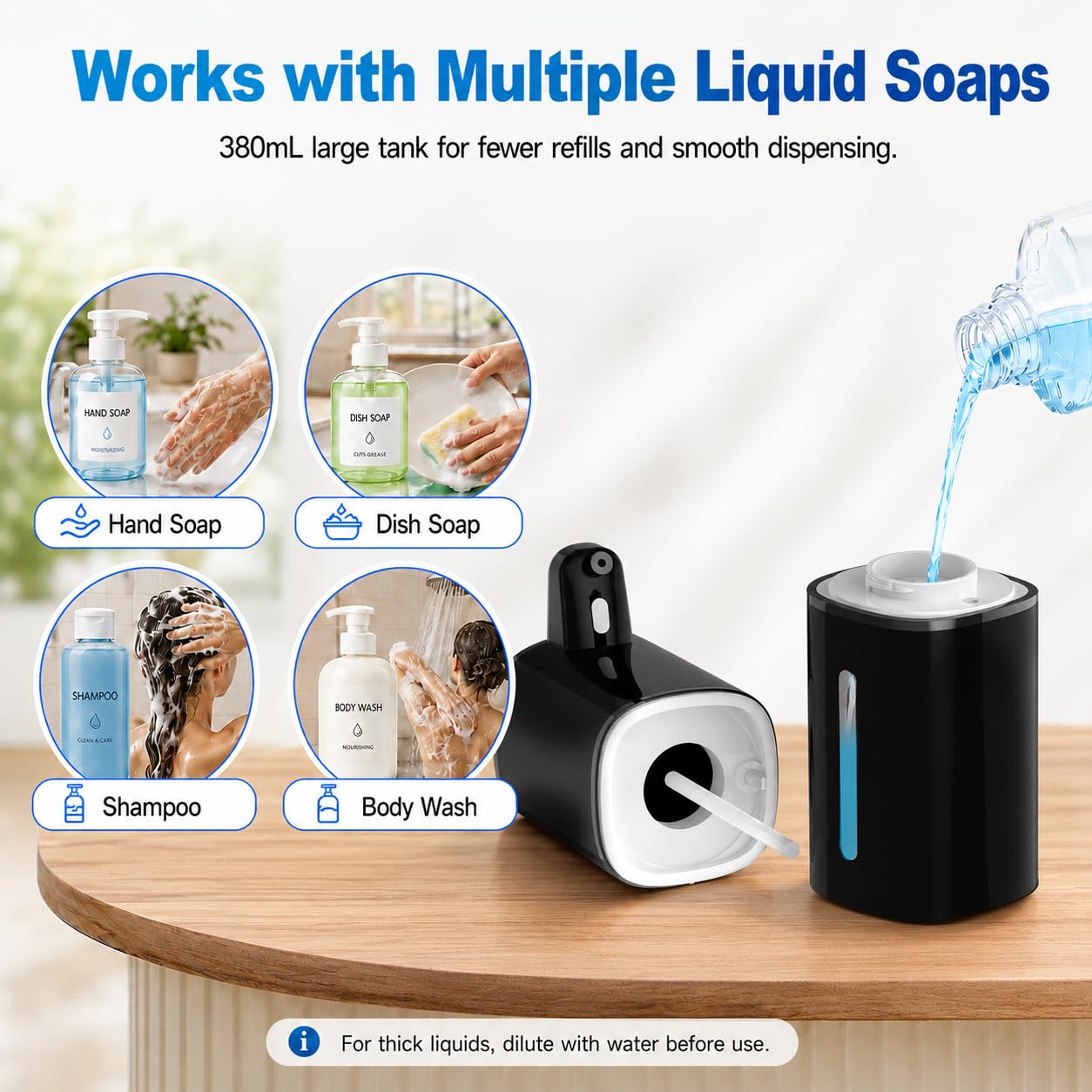Dispensador automático de jabón líquido, 9 niveles ajustables, 380 ml, dispensador de jabón de manos o jabón para platos, sensor IR y pantalla, montaje en pared o mesa para baño, cocina (negro)