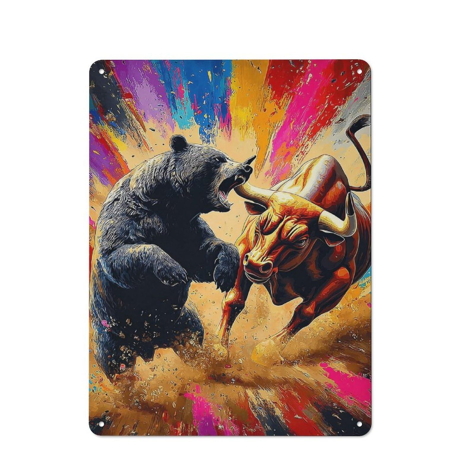 Junmoney Battle Of The Markets Bull Vs Bear Tin Sign 40X30cm With For Living Room Wall, Rustic Decor, For Living Room Decor Lovers