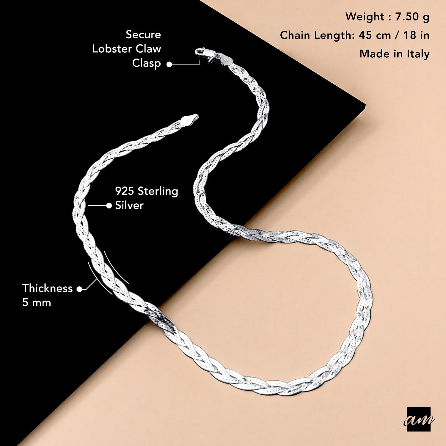 Amberta Women's 925 Sterling Silver Braided Herringbone Chain Necklace (Length 18 inch)