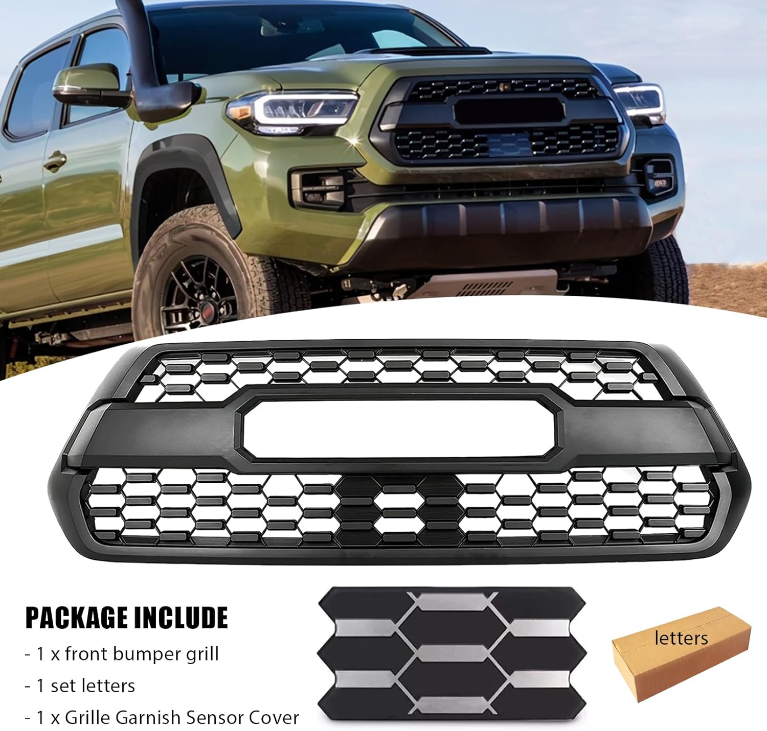 Front Bumper Grille Grill With Radar Garnish Sensor Cover Fit For 2016-2023 Toyota Tacoma Front Upper Grille With Accessories Matte Black