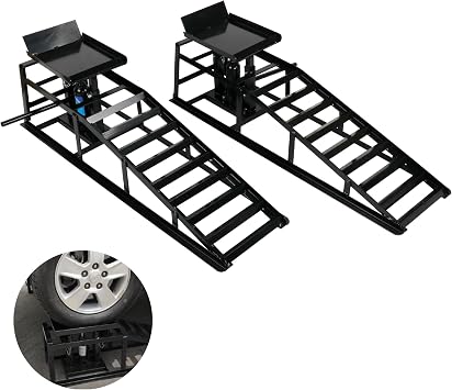 2 Pack 5T Low Profile Hydraulic Car Ramps, Black | Integrated Hydraulic Jack, Adjustable Lifting Height, High-Strength Steel, Ideal for Low Profile Vehicles, DIY Garage