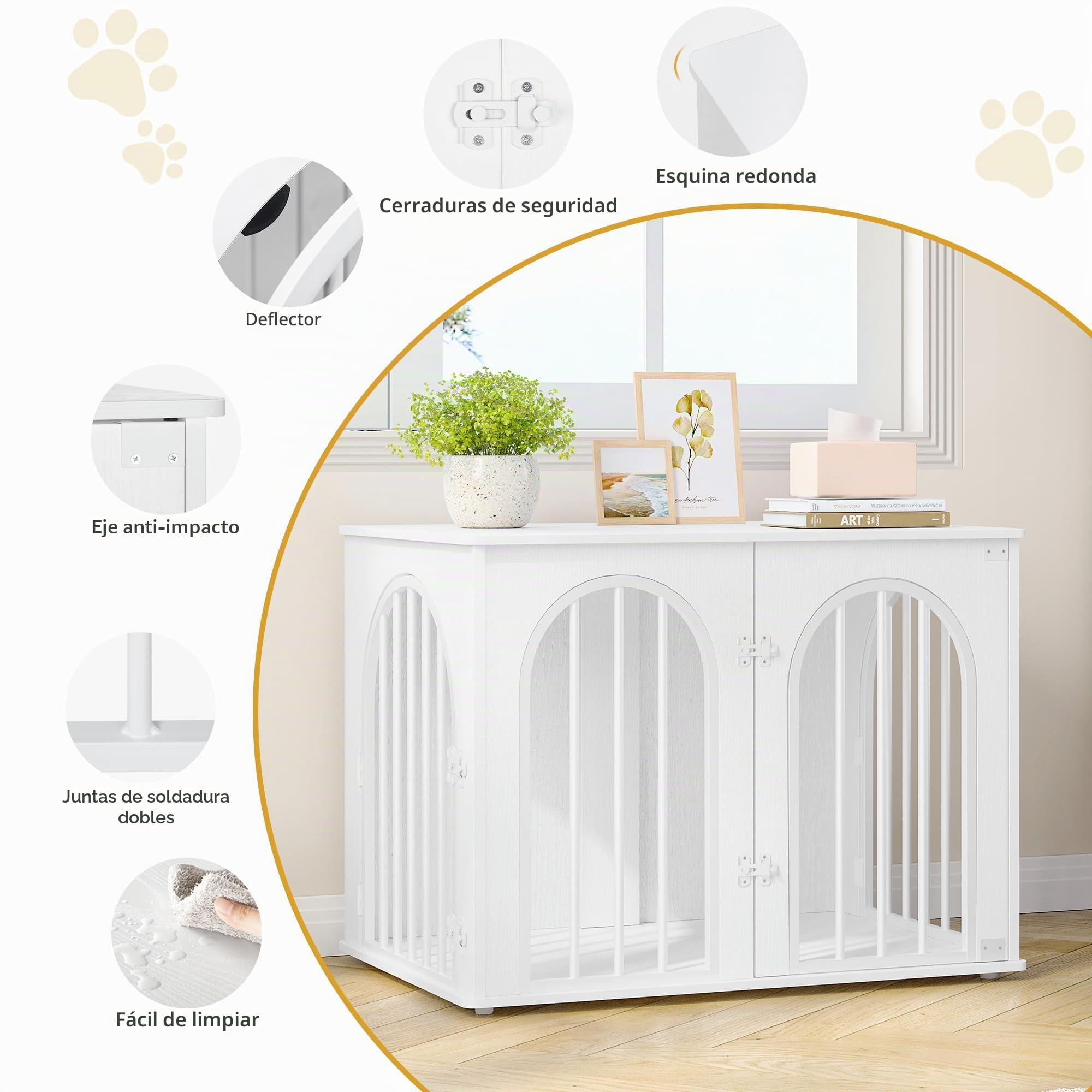 Hzuaneri 80cm Jaula para Perros, Mesa Auxiliar, casa Moderna para Perros, Jaula Perro pequeños para Casa de Madera, Jaula para Cachorros, 3 Puertas, Puerta arqueada, 56 x 80 x 61cm, Blanco