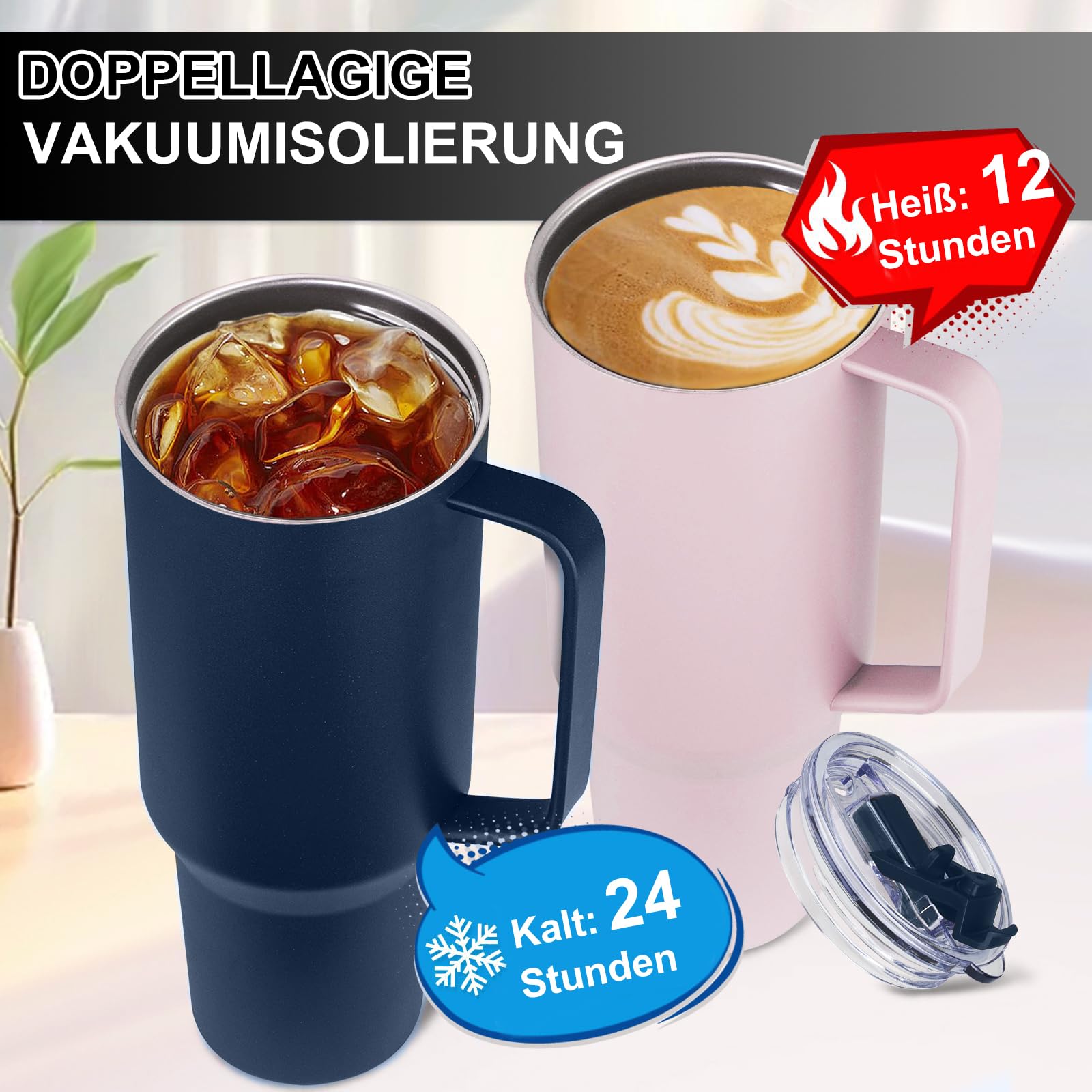 Thermobecher 1200ml ToGo Mit Strohhalm & Henkel - Hält Warm/kalt, Edelstahl