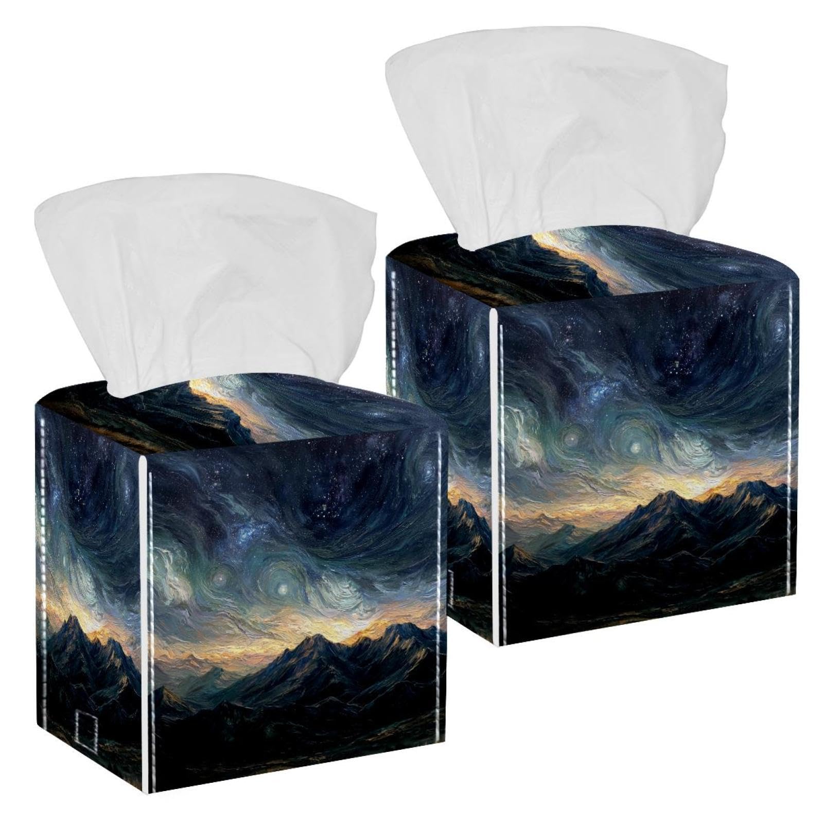Mountain and Starry Sky Tissue Box Cover, 2 Pack PU Leather Square Facial Tissue Dispenser Box holder for Home Office Car