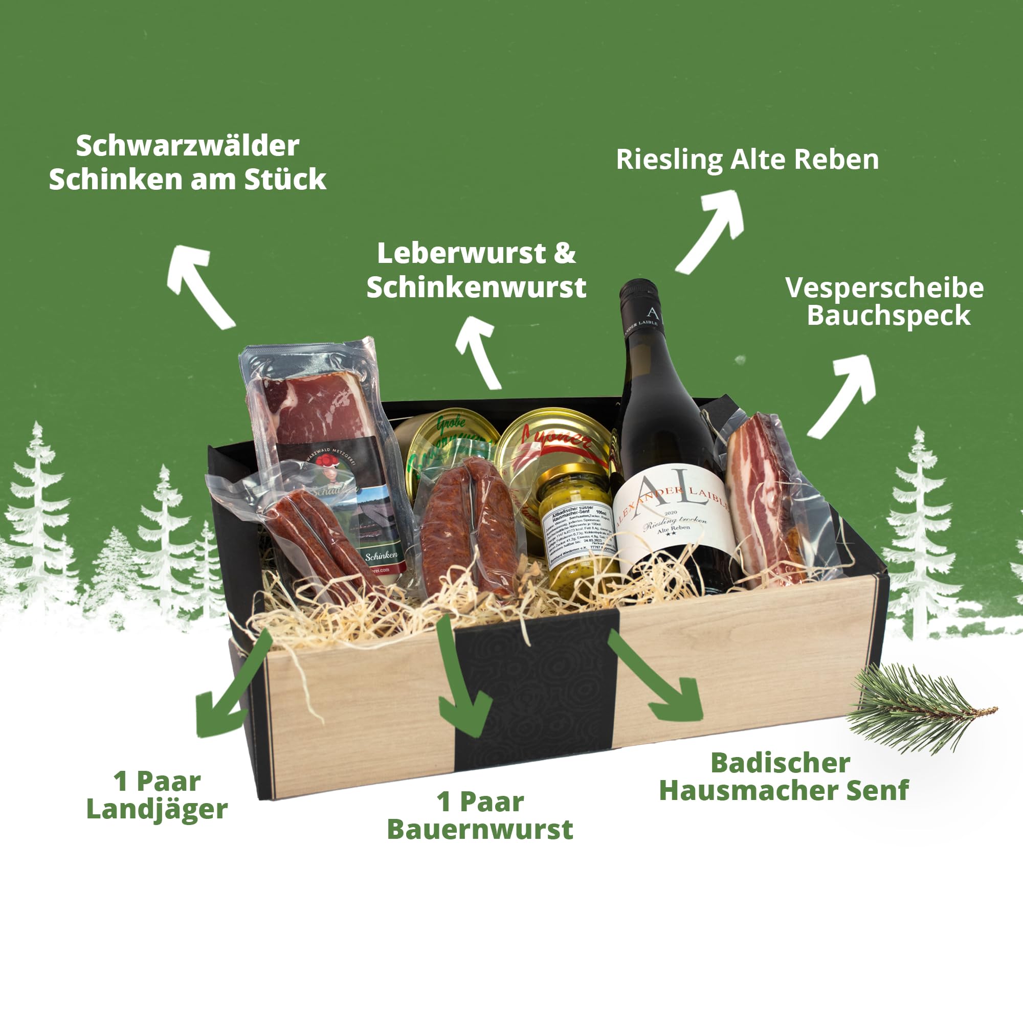 Schwarzwald Metzgerei - Geschenkset "Vesper" mit verschiedenen Wurtsspezialitäten, einem Gourmet-Senf und hervorragenden Weißwein - 8-teilig