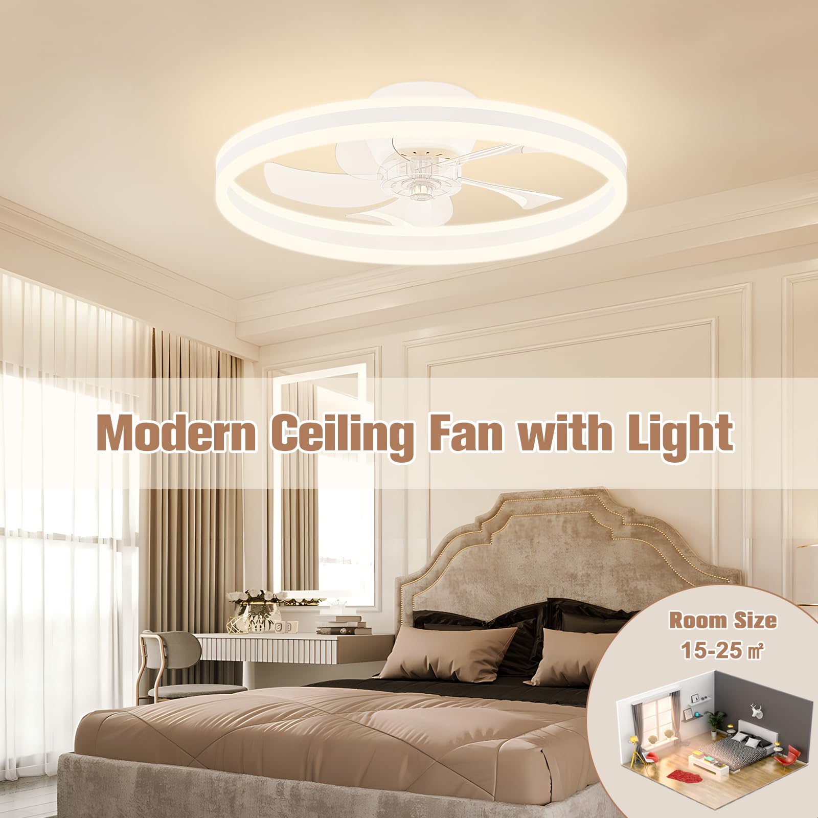 VOLISUN Plafondventilator met verlichting en afstandsbediening, 50 cm, intelligente led-plafondventilator, modern, 6 snelheden, 3000 K-6500 K, dimbaar, stil, voor slaapkamer