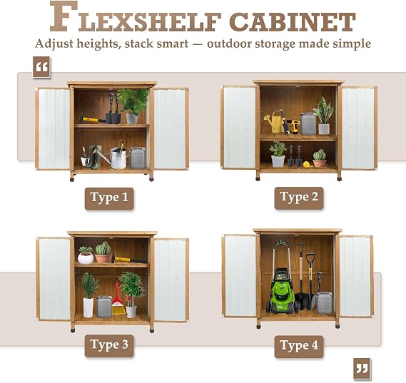 Outdoor Storage Cabinet Waterproof with Shelves, Storage Box with Lockable Doors, Wood & Metal Patio Yard Pool Garden Storage Cabinet Organizer, Gifts for Women Men