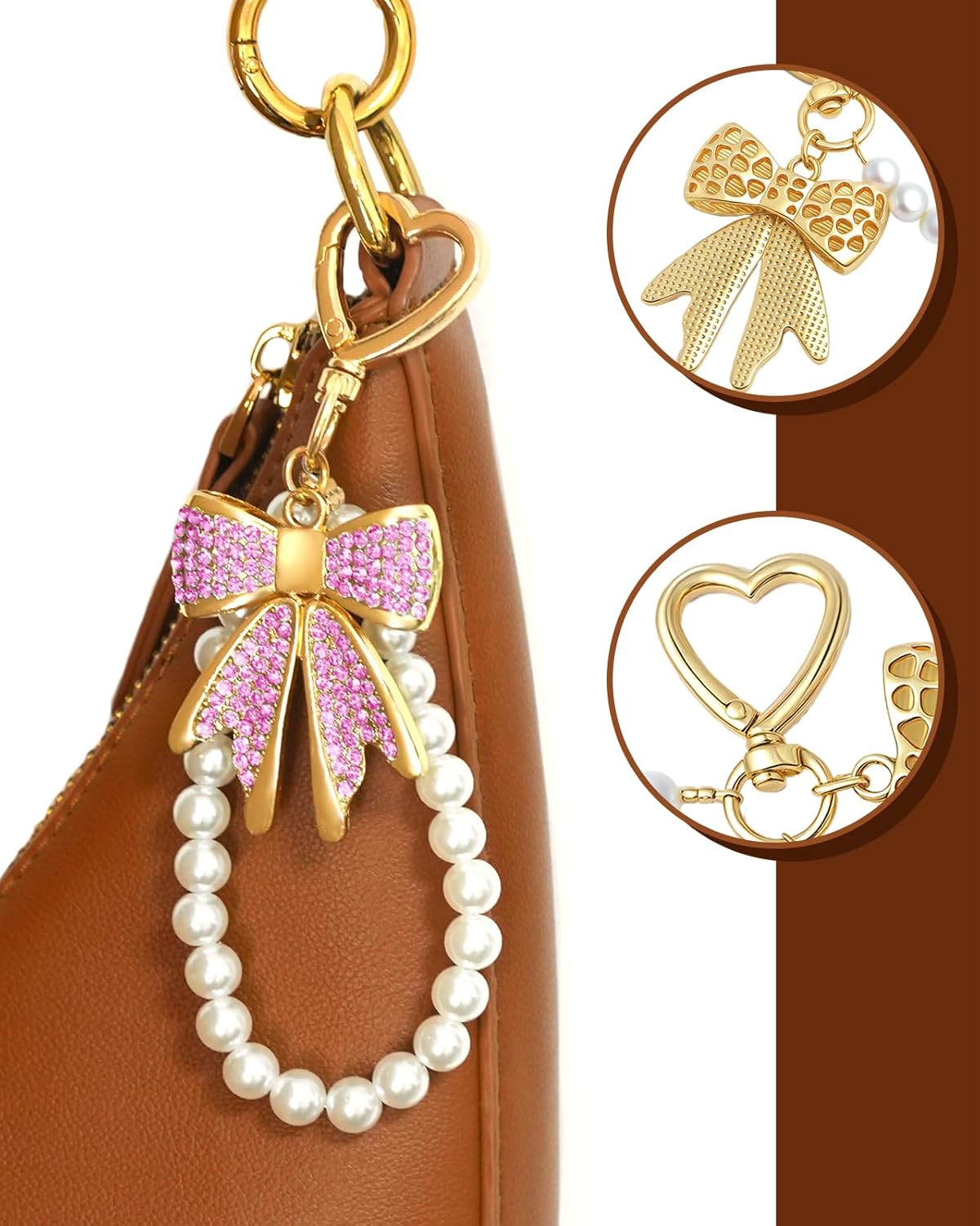 Bow Keychain Bow Bag Charm Purse Charms for Handbags Rhinestone Bowknot Keychains With Pearl Chains Cute Keychains - Image 6
