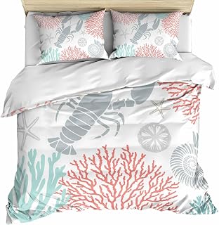 California King Duvet Cover with 2 Pillowcases, Teal Red Coastal Bedding Set California King with Zipper Closure, Summer Lobster Coral Nautical Microfiber 3 Pieces Duvet Cover Sets