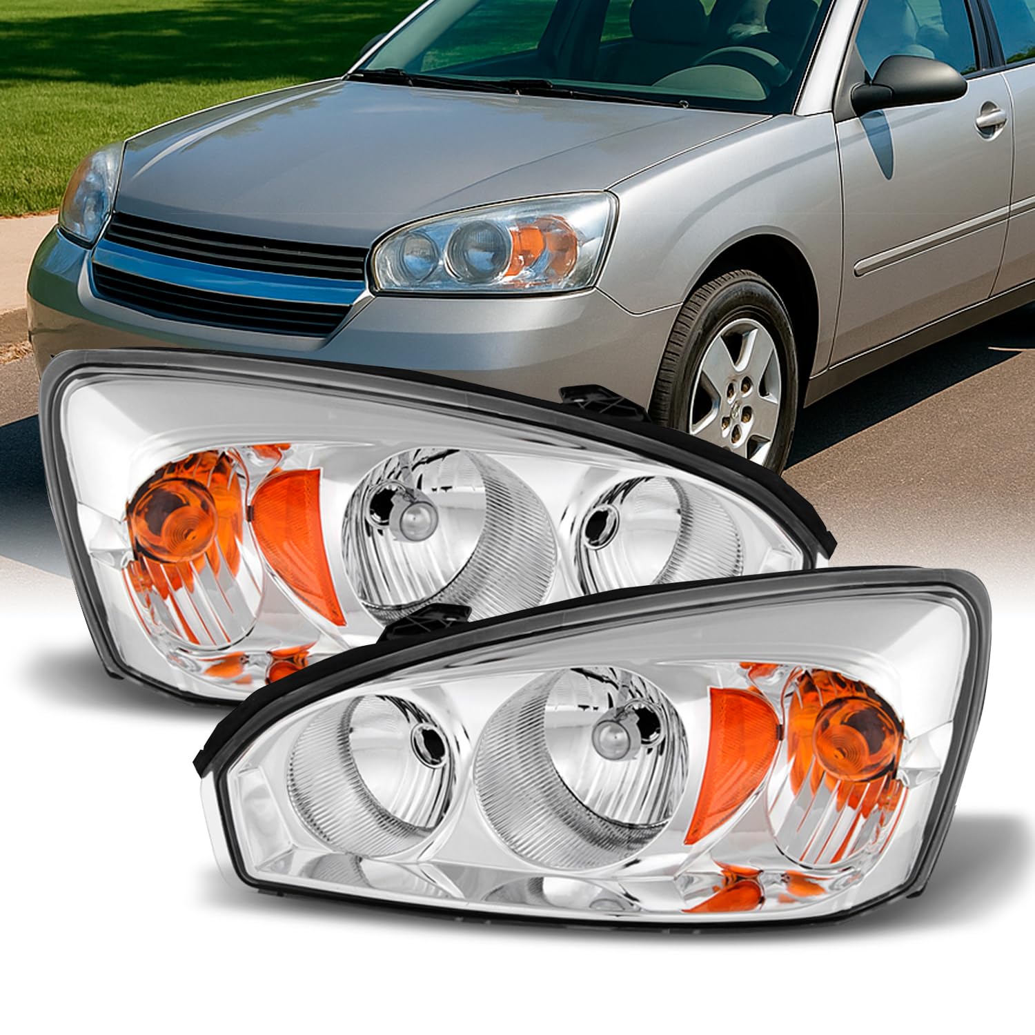 AKKON - Fits 2004-2007 Chevy Malibu 2008 Malibu Classic LS/LT Model [Halogen Type] Chrome Headlight Pair Left+Right Headlamps