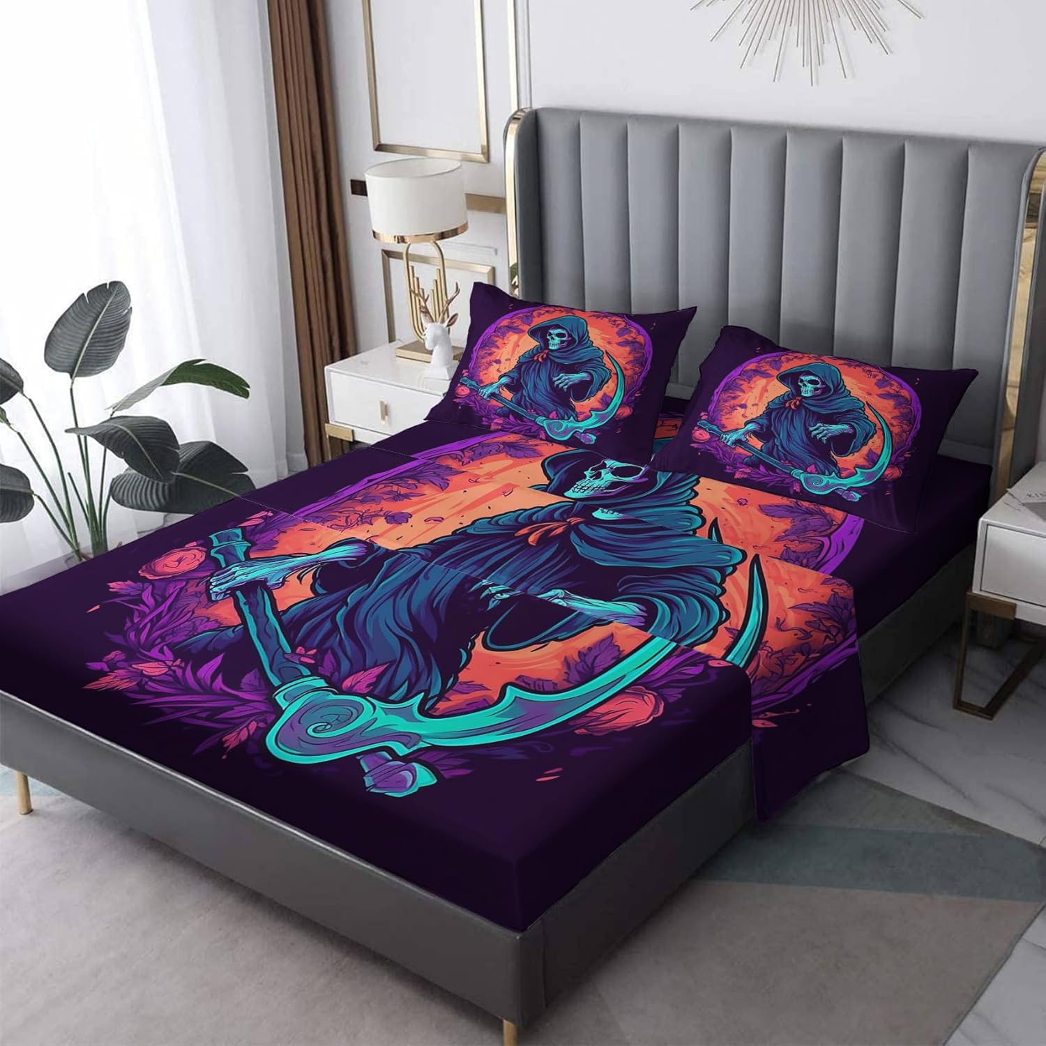 Halloween Sheets Queen Size - Scary Grim Reaper Bed Sheets for Kids Boys Girls, Horror Sheet Set, Soft Microfiber & Deep Pocket & Wrinkle Free Fitted Sheet, Flat Sheet and Pillow Cases