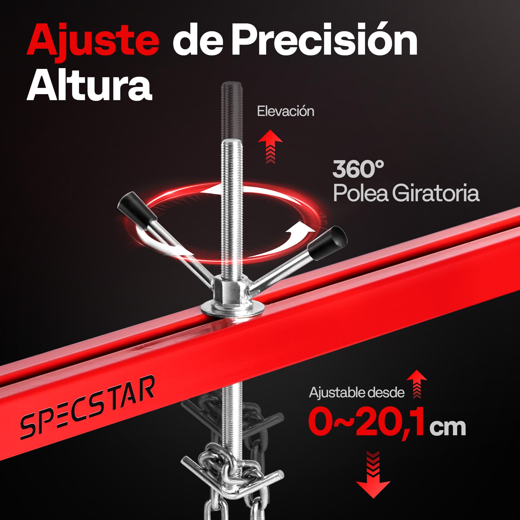 SPECSTAR Barra de Soporte de Motor 500 kg Travesaño para Motor y Transmisión | Ajustable 53,3–144,8 cm, Elevación de Doble Punto con Ganchos Dobles, Rotación 360° con Soporte de 2 Puntos y Ganchos Dobles