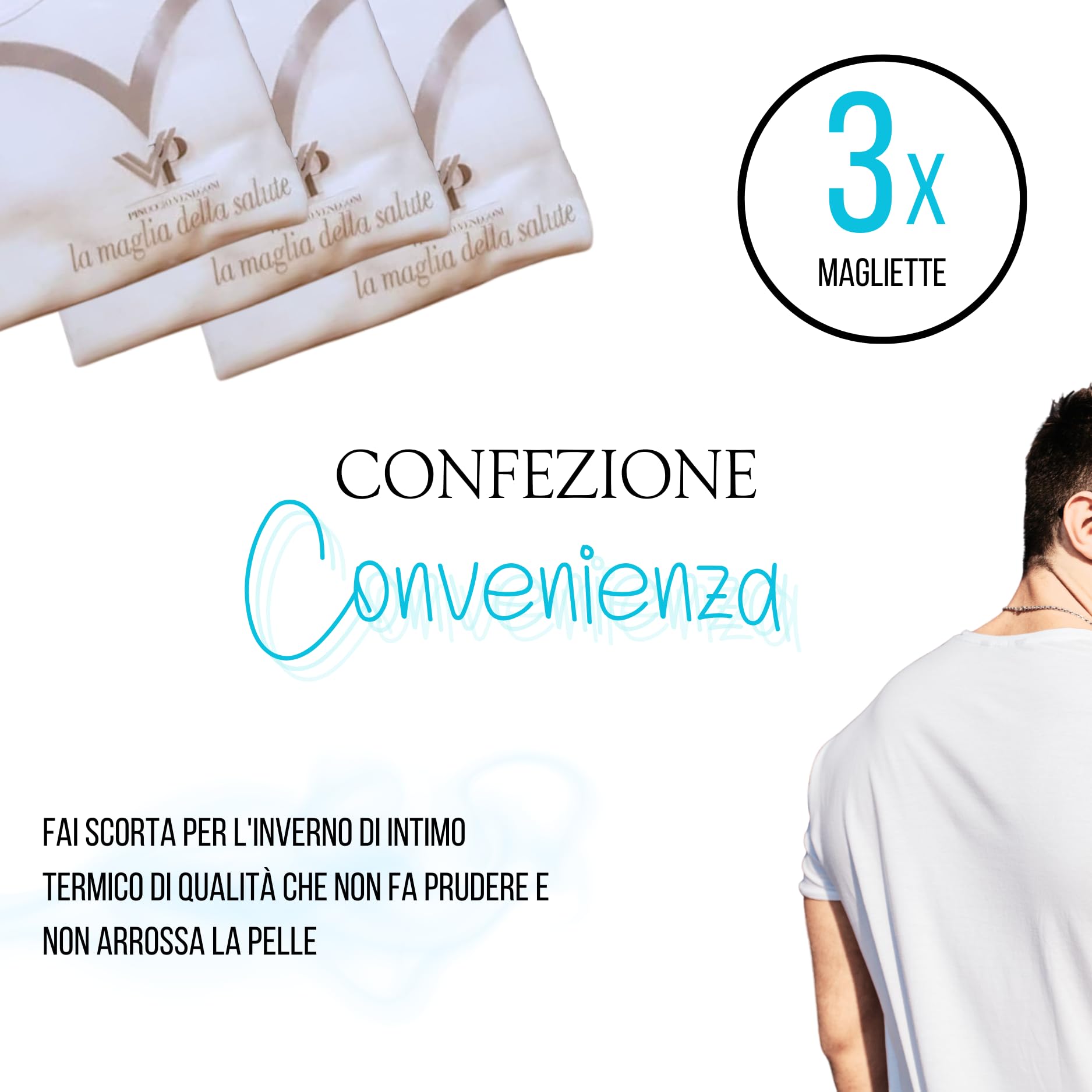 Pinuccio Venegoni - Juego de 3 camisetas de lana de algodón para hombre, camiseta interior térmica, algodón sobre la piel, camiseta de hombre de manga corta de invierno, camiseta térmica blanca, ropa